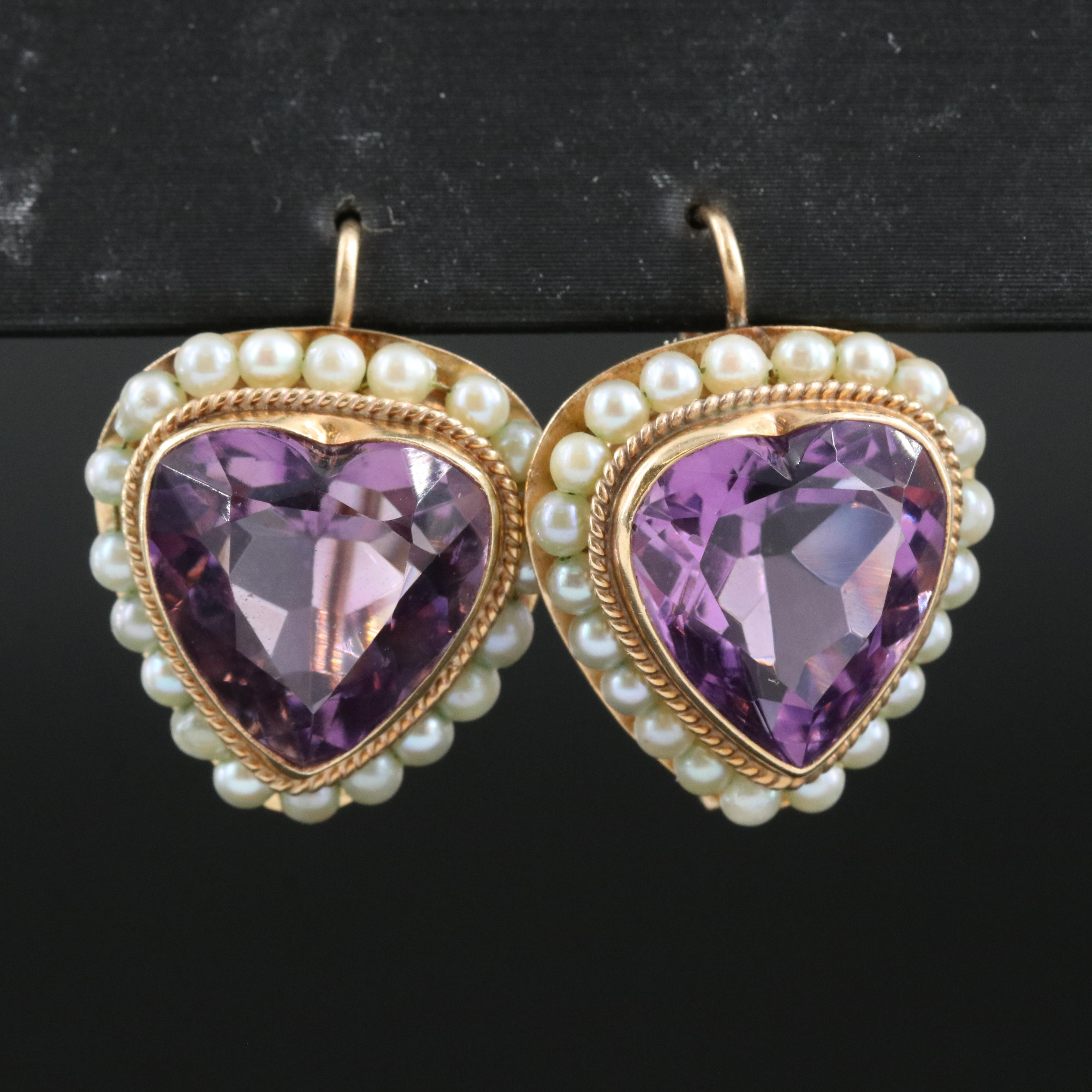 14K Amethyst and Seed Pearl Heart Earrings
