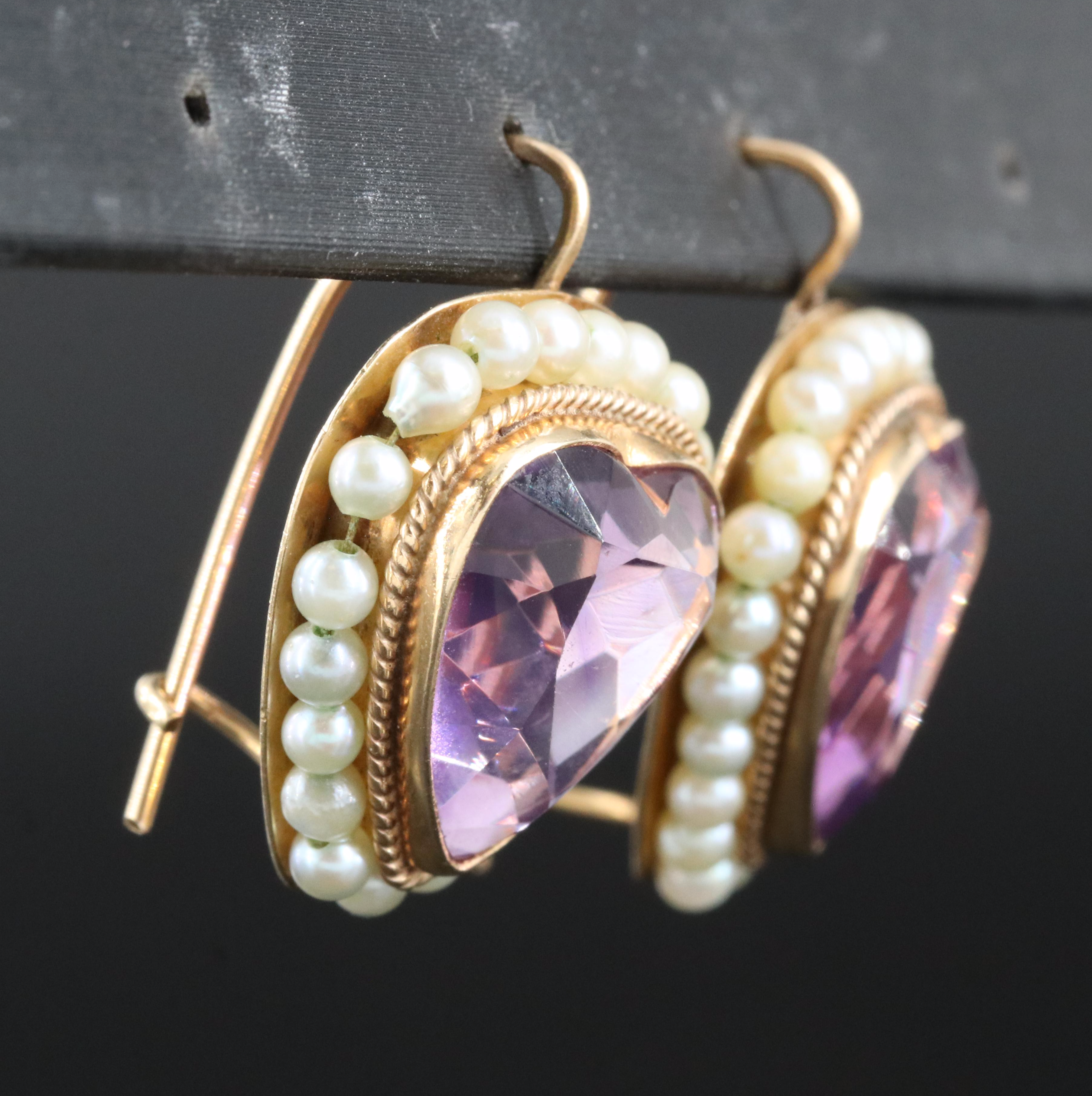 14K Amethyst and Seed Pearl Heart Earrings