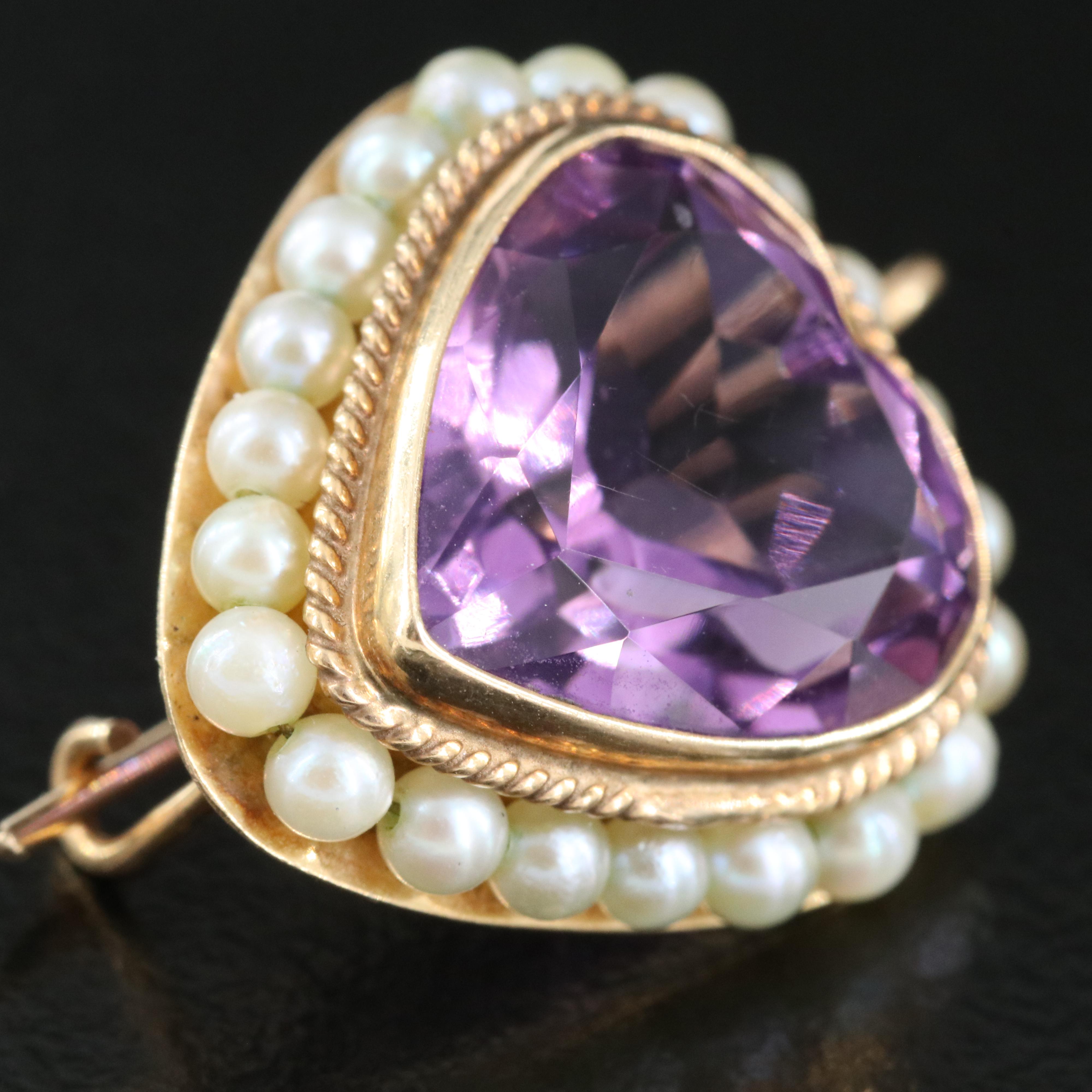 14K Amethyst and Seed Pearl Heart Earrings