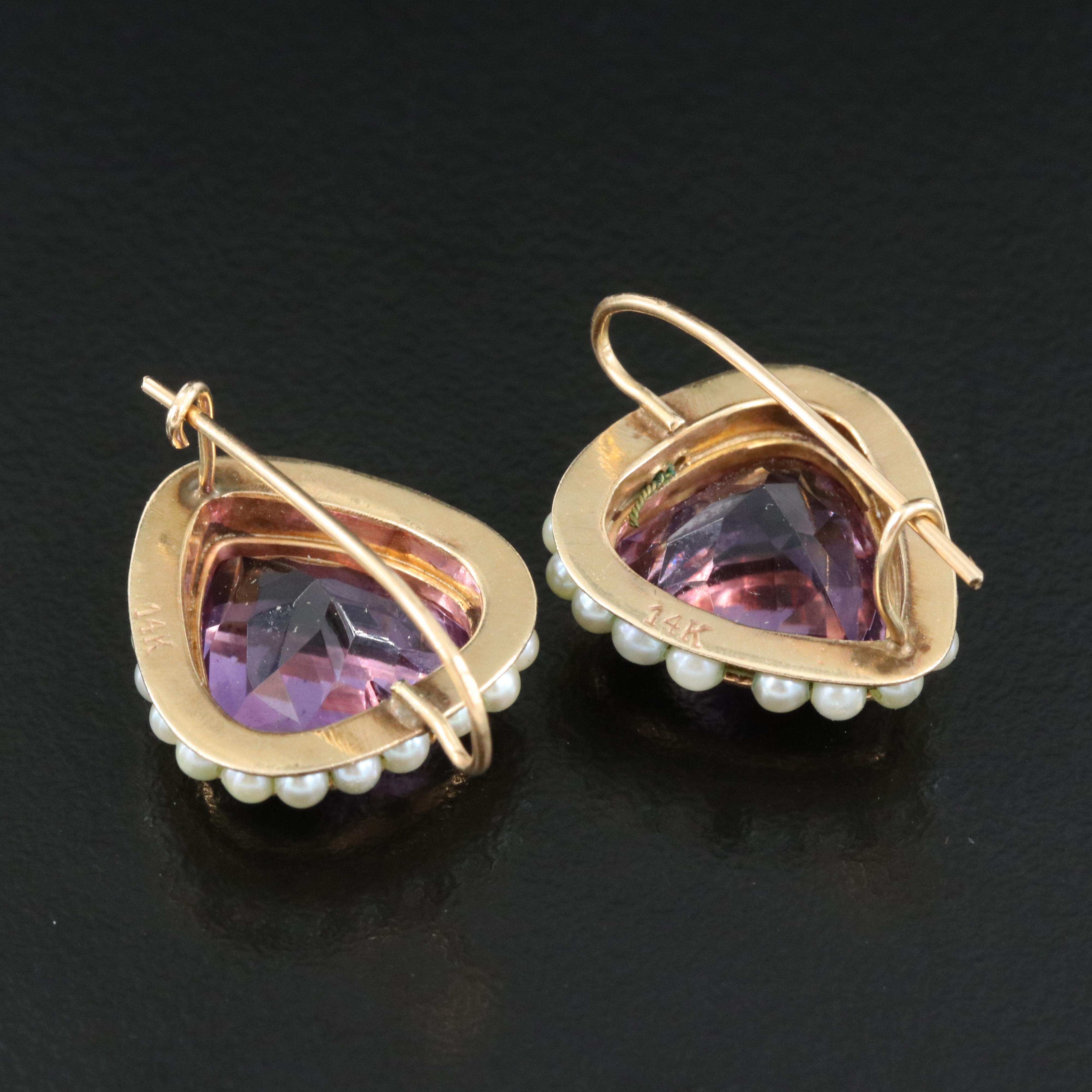 14K Amethyst and Seed Pearl Heart Earrings
