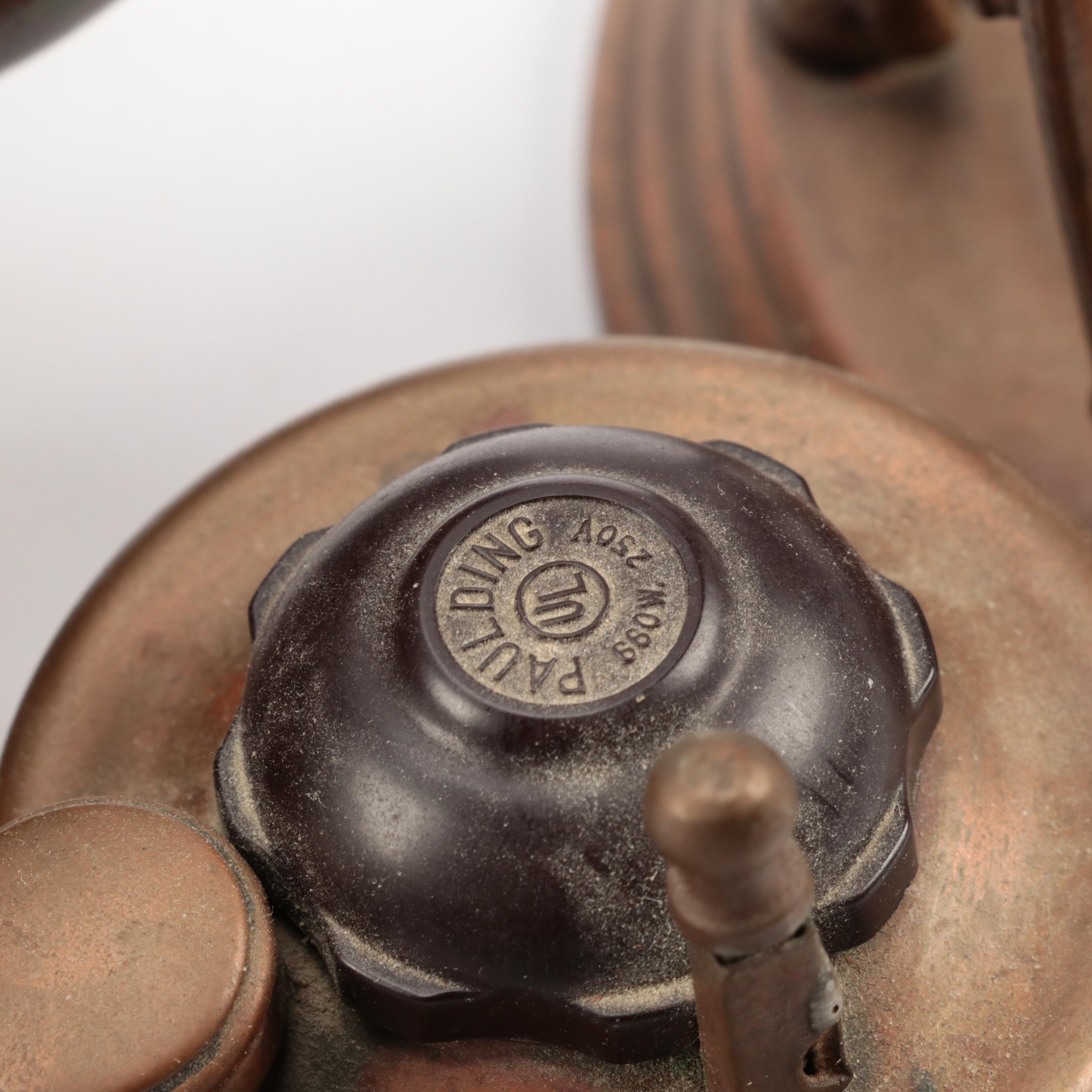 Copper Tilting Teapot with Burner and Ballister Form Brass Candlesticks