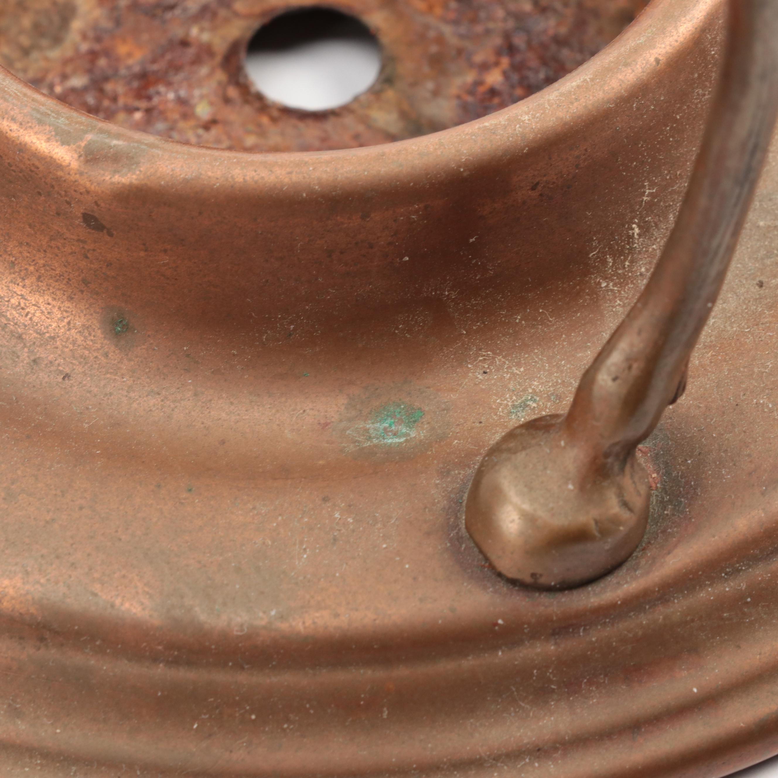 Copper Tilting Teapot with Burner and Ballister Form Brass Candlesticks