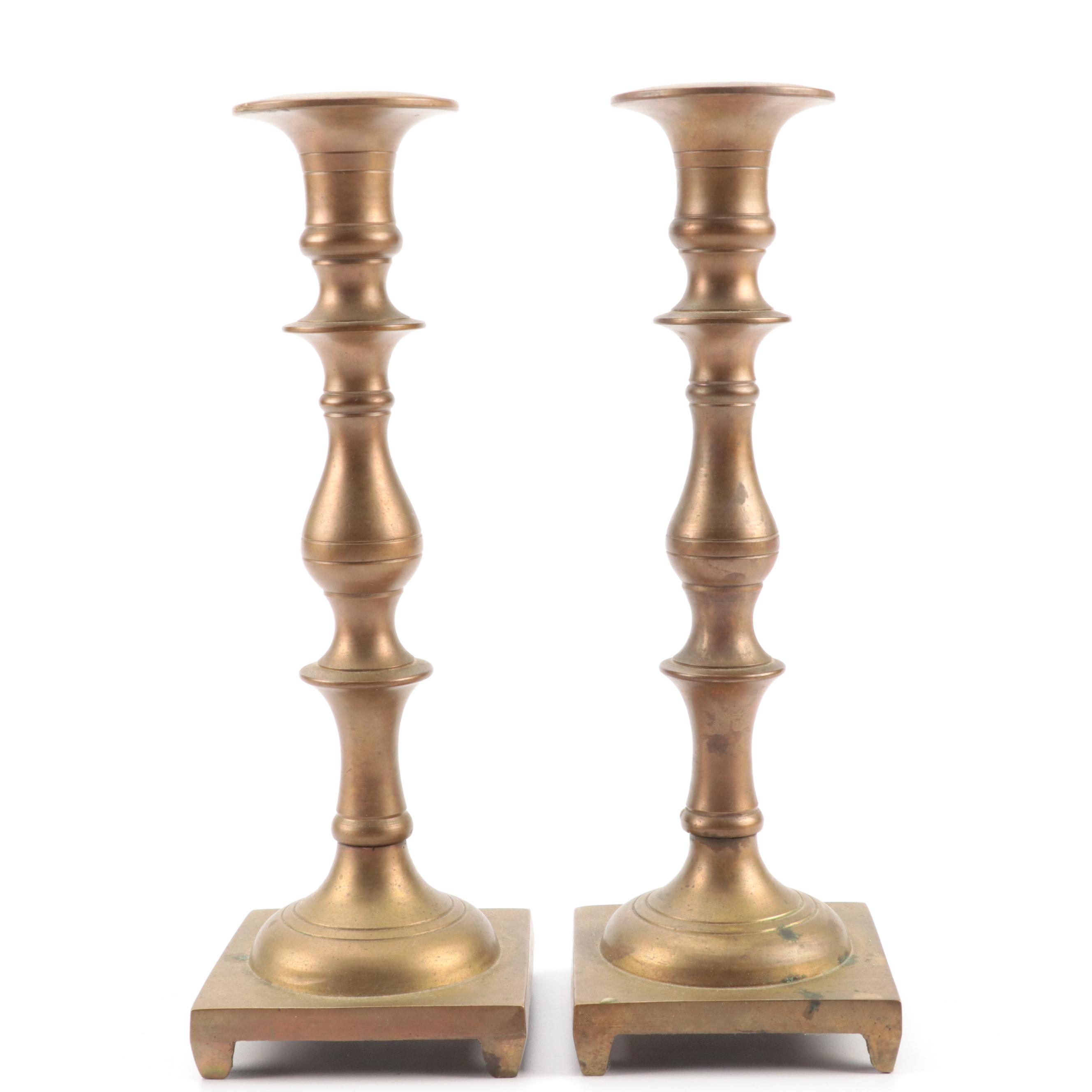 Copper Tilting Teapot with Burner and Ballister Form Brass Candlesticks