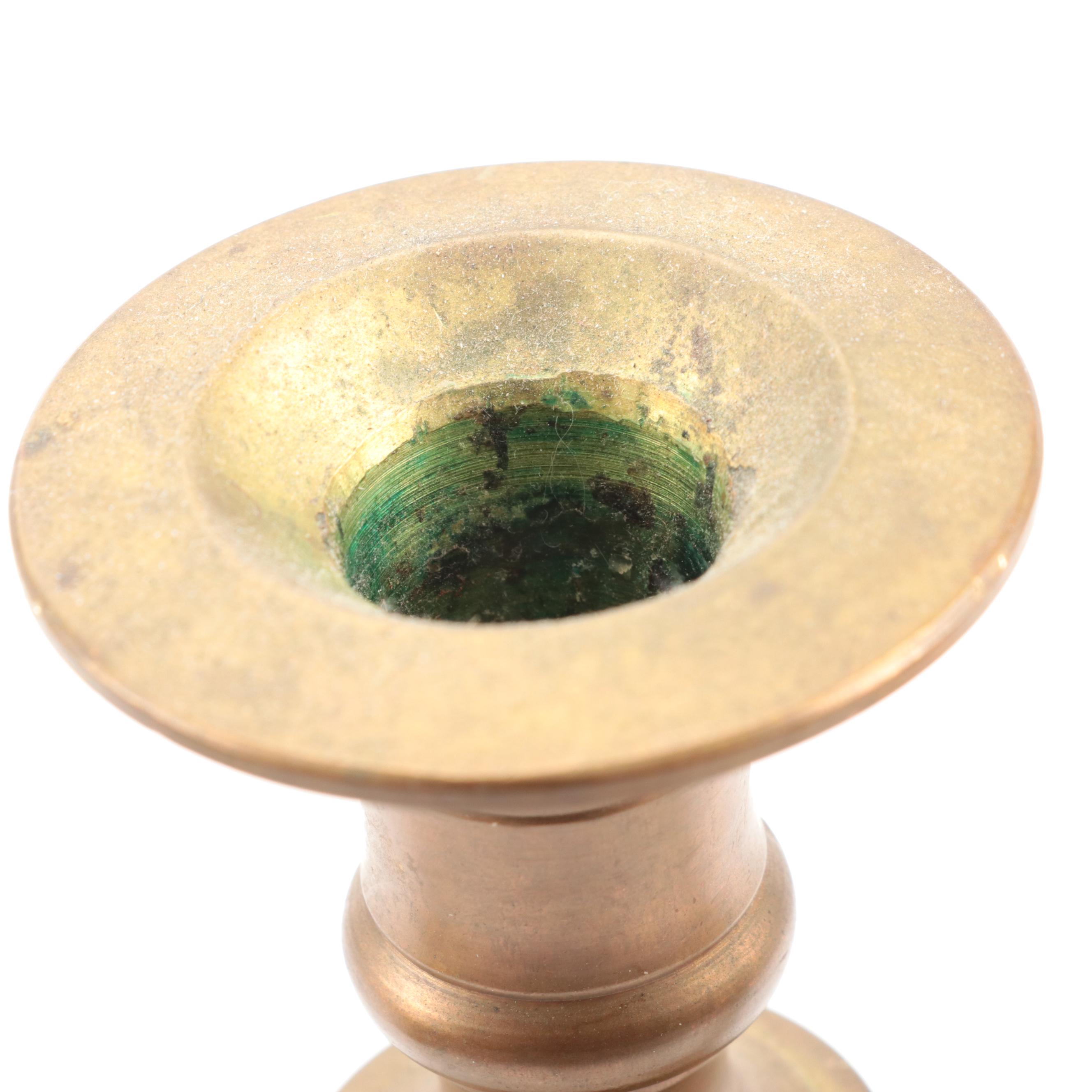 Copper Tilting Teapot with Burner and Ballister Form Brass Candlesticks