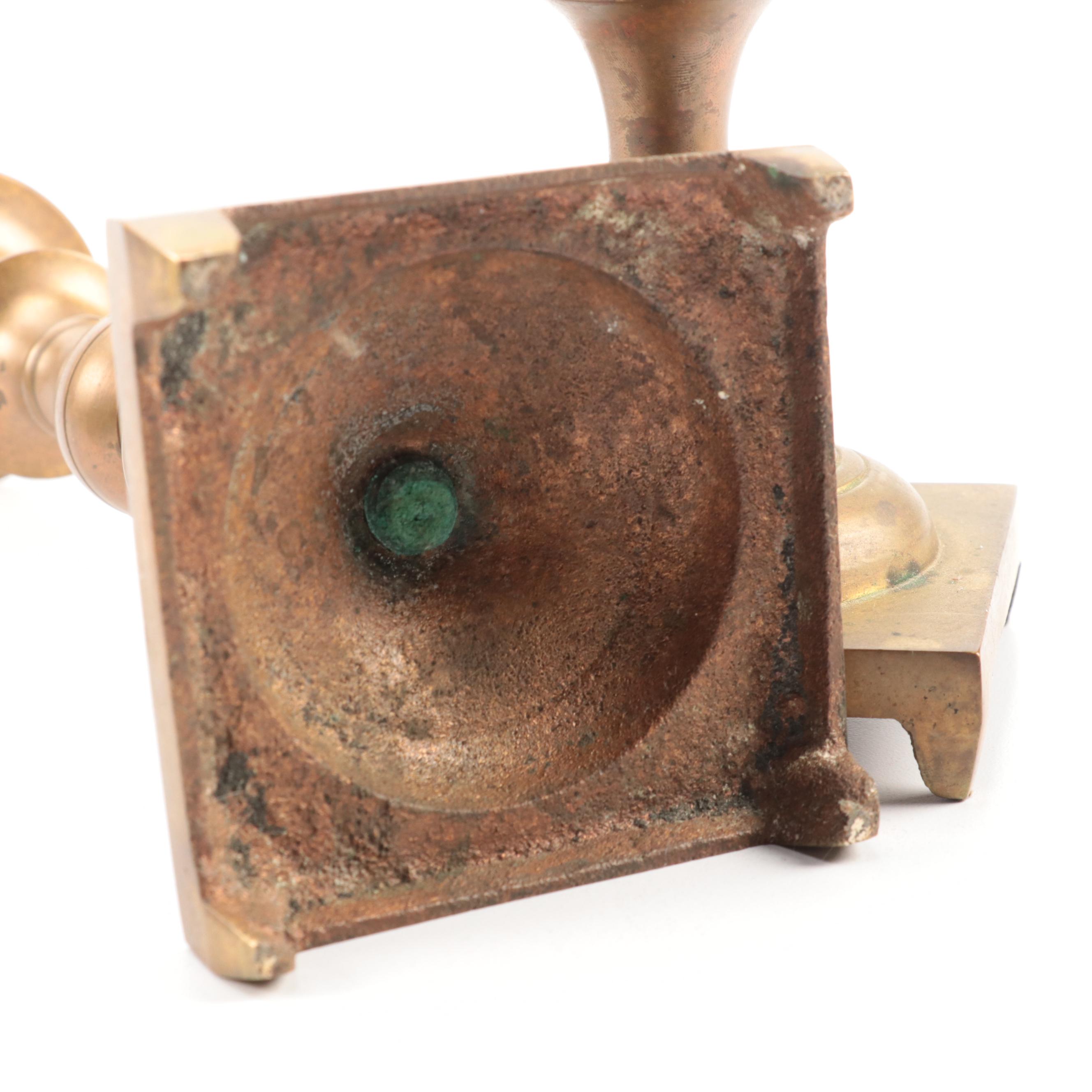 Copper Tilting Teapot with Burner and Ballister Form Brass Candlesticks