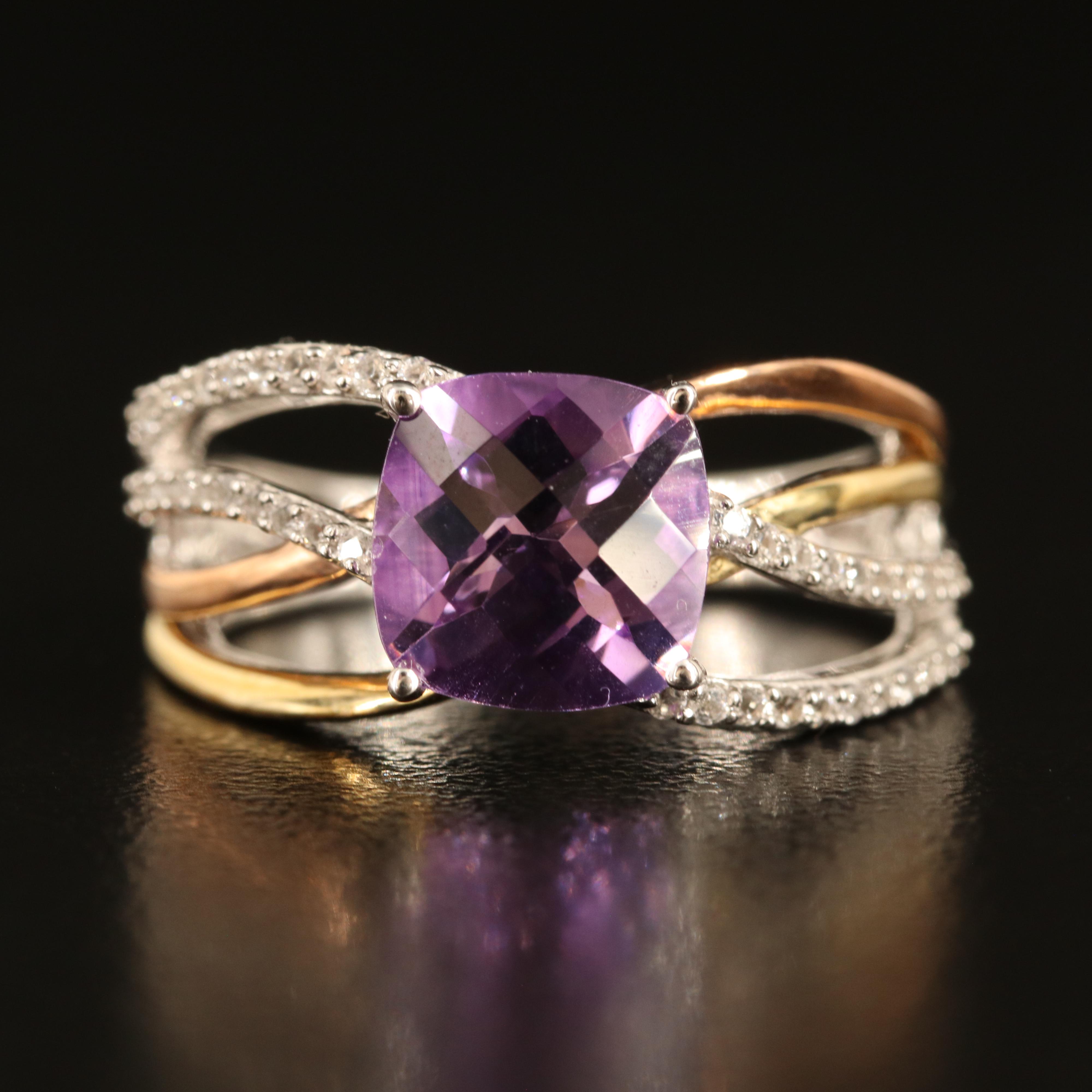 Sterling Amethyst and White Sapphire Crossover Ring with 10K Accents
