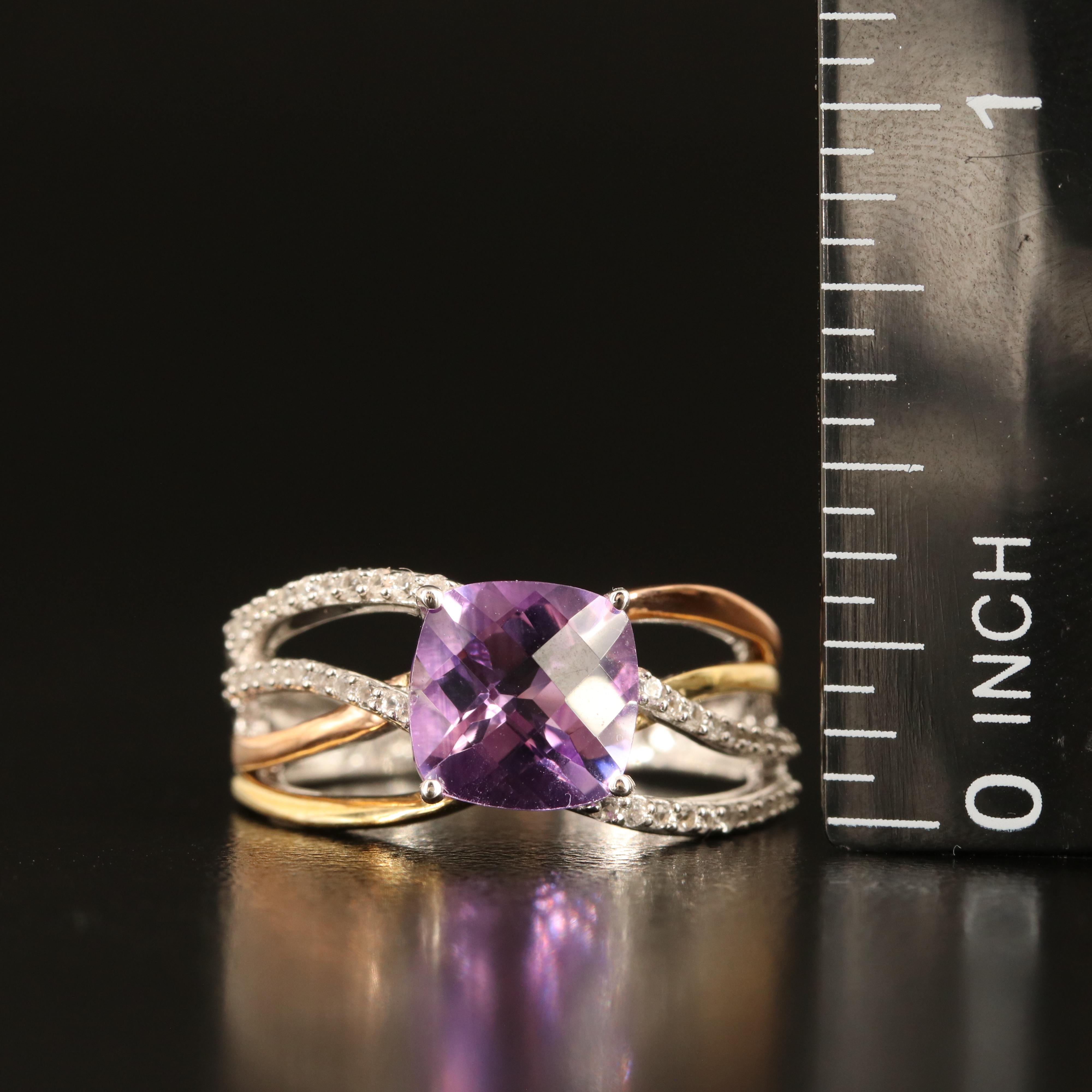 Sterling Amethyst and White Sapphire Crossover Ring with 10K Accents