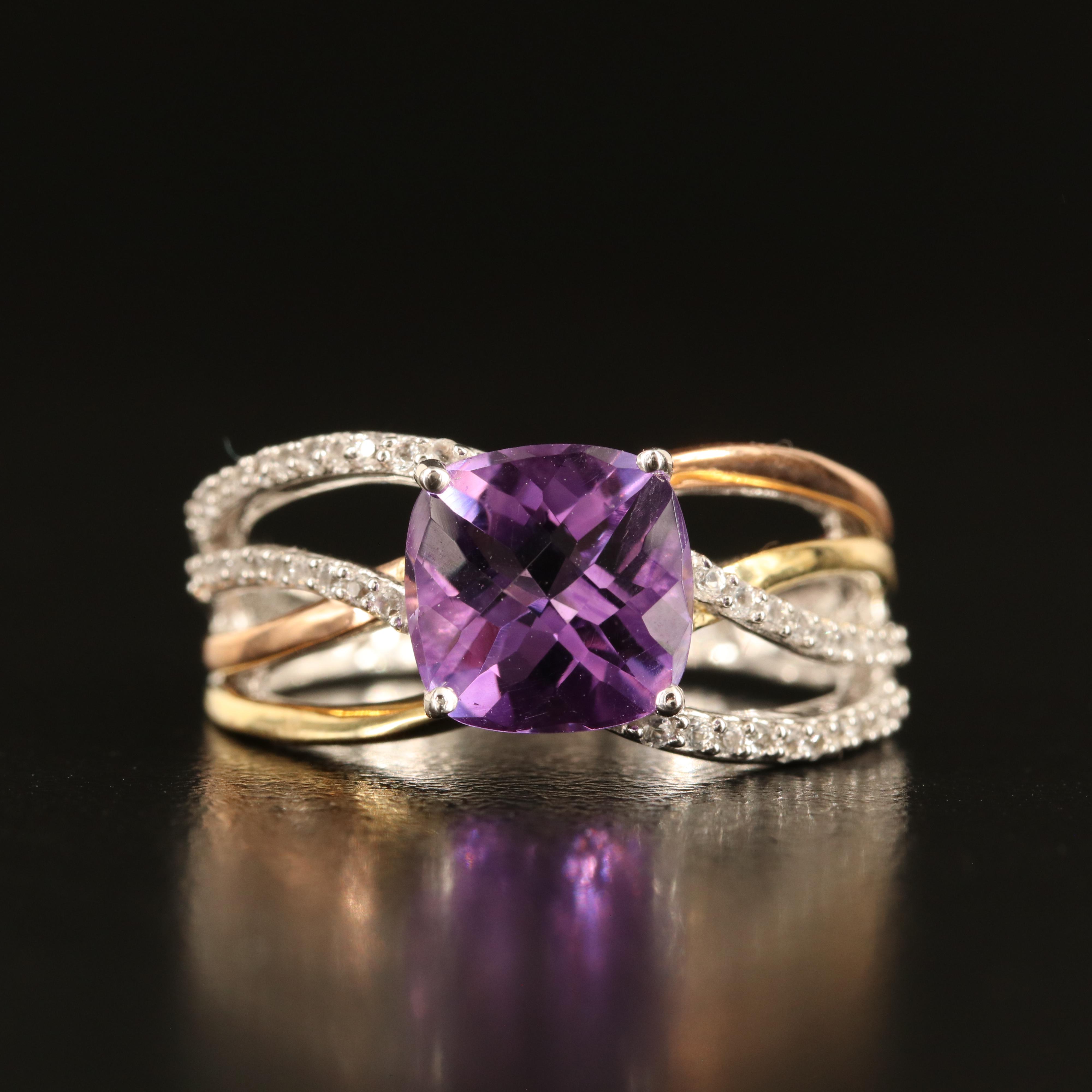 Sterling Amethyst and White Sapphire Crossover Ring with 10K Accents