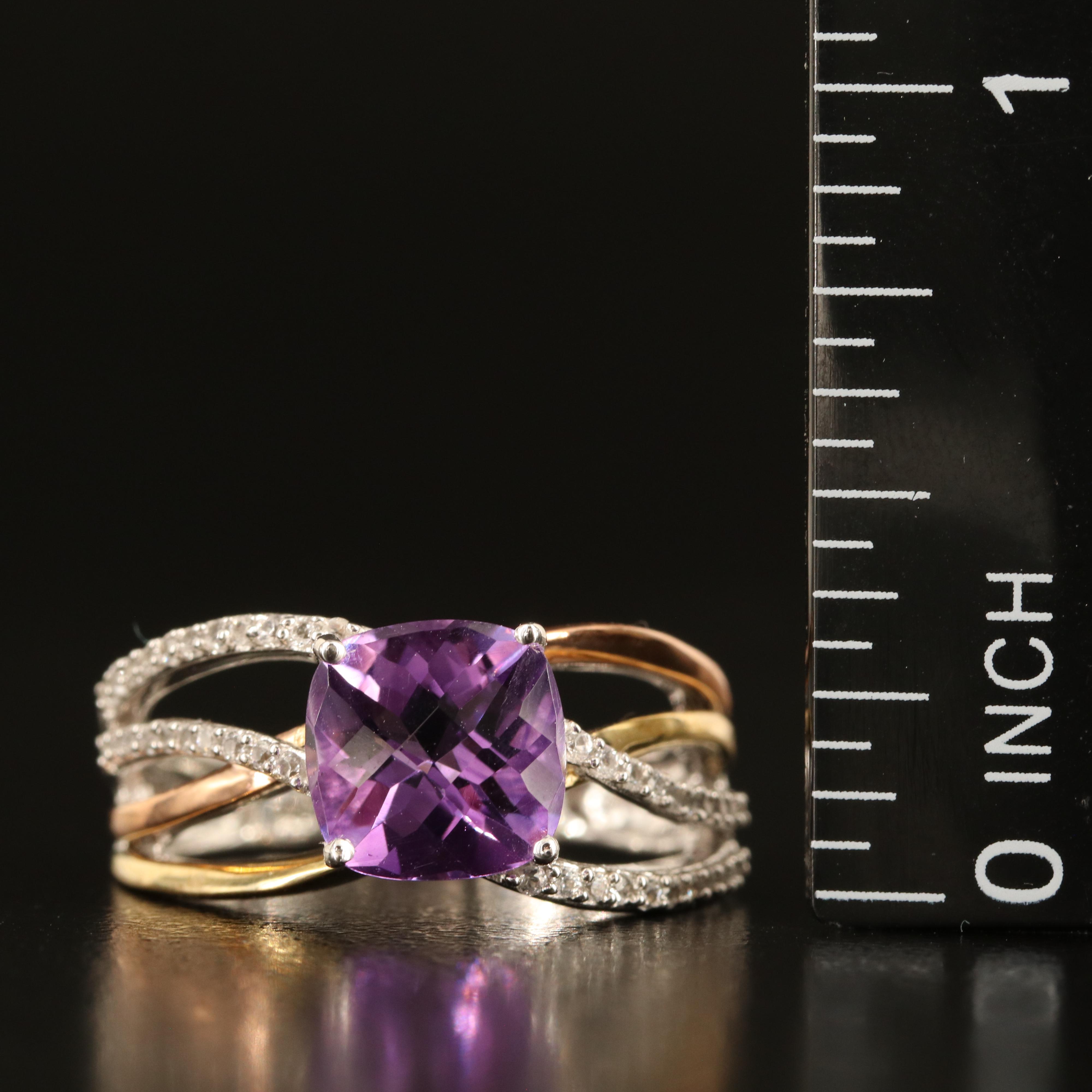 Sterling Amethyst and White Sapphire Crossover Ring with 10K Accents