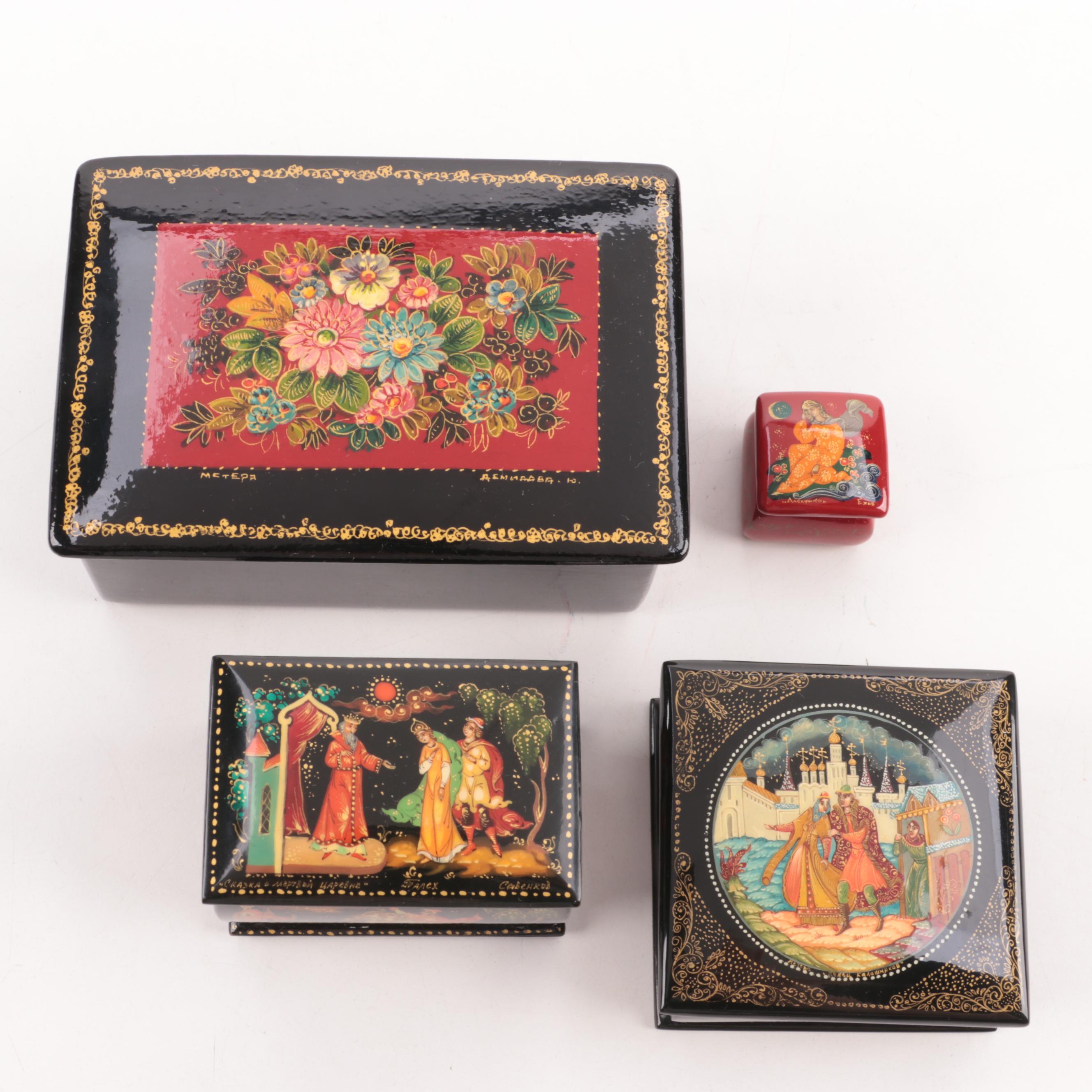 Russian Lacquerware Fairy Tale and Other Boxes and Brooches