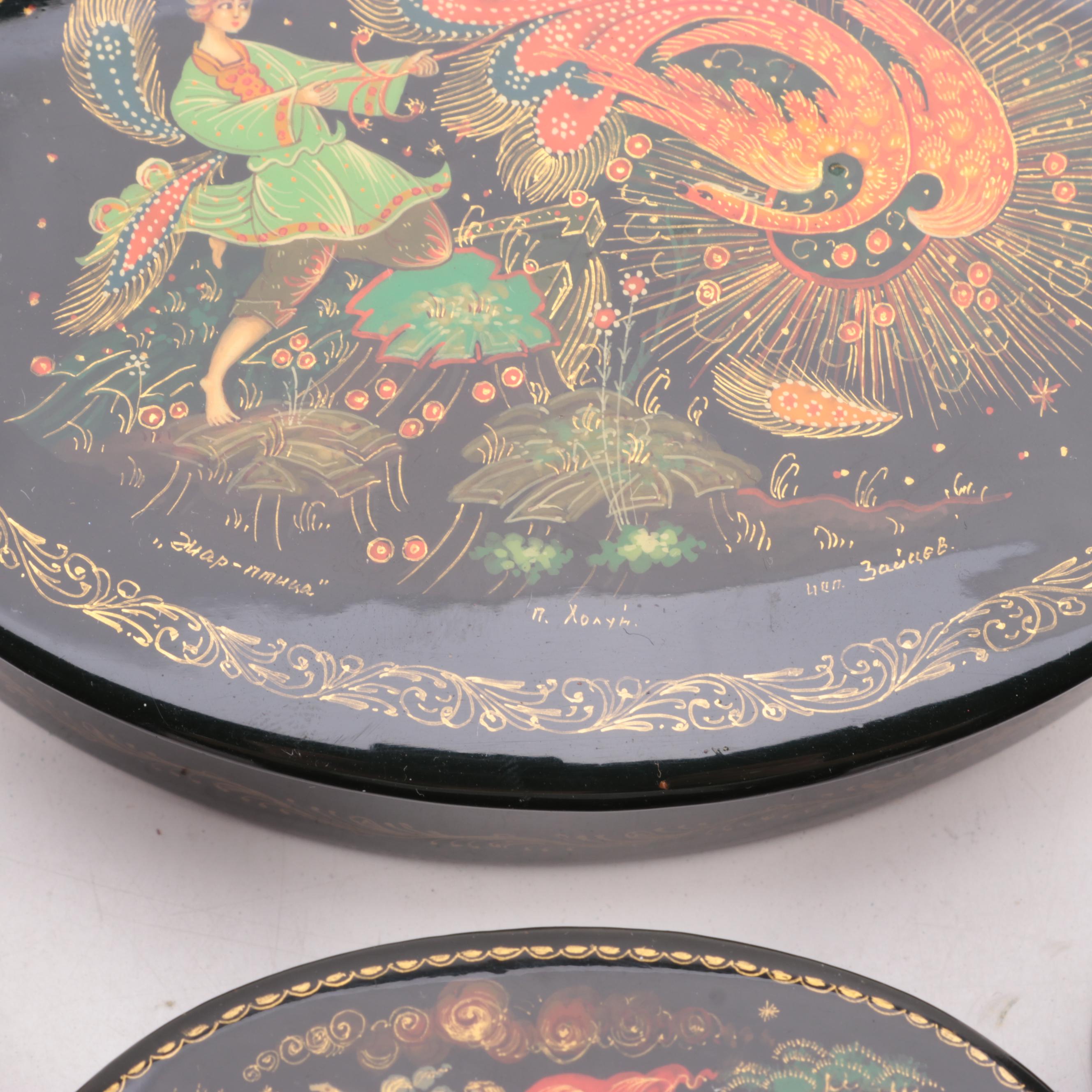 Russian Lacquerware Fairy Tale and Other Boxes and Brooches