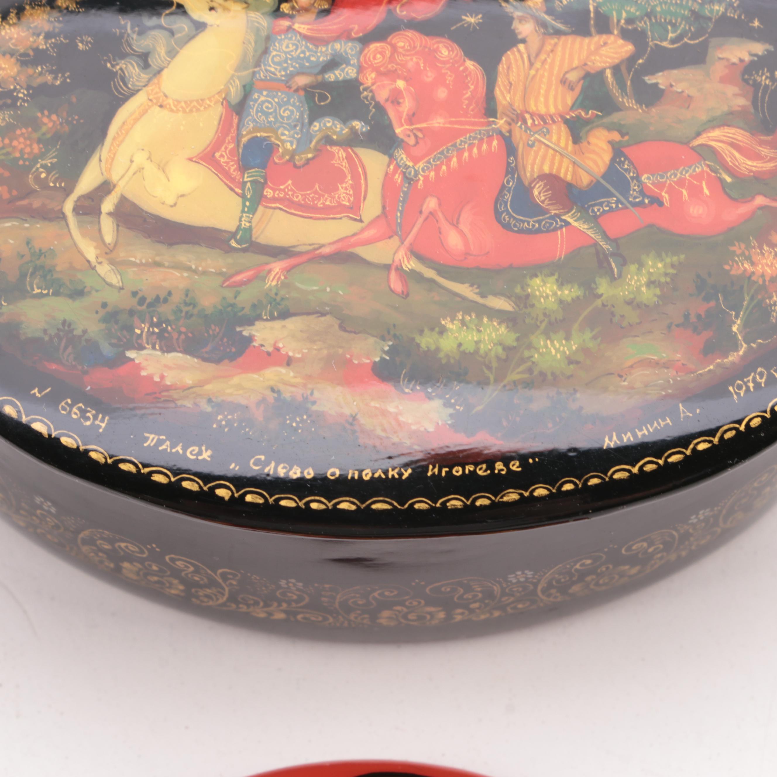 Russian Lacquerware Fairy Tale and Other Boxes and Brooches