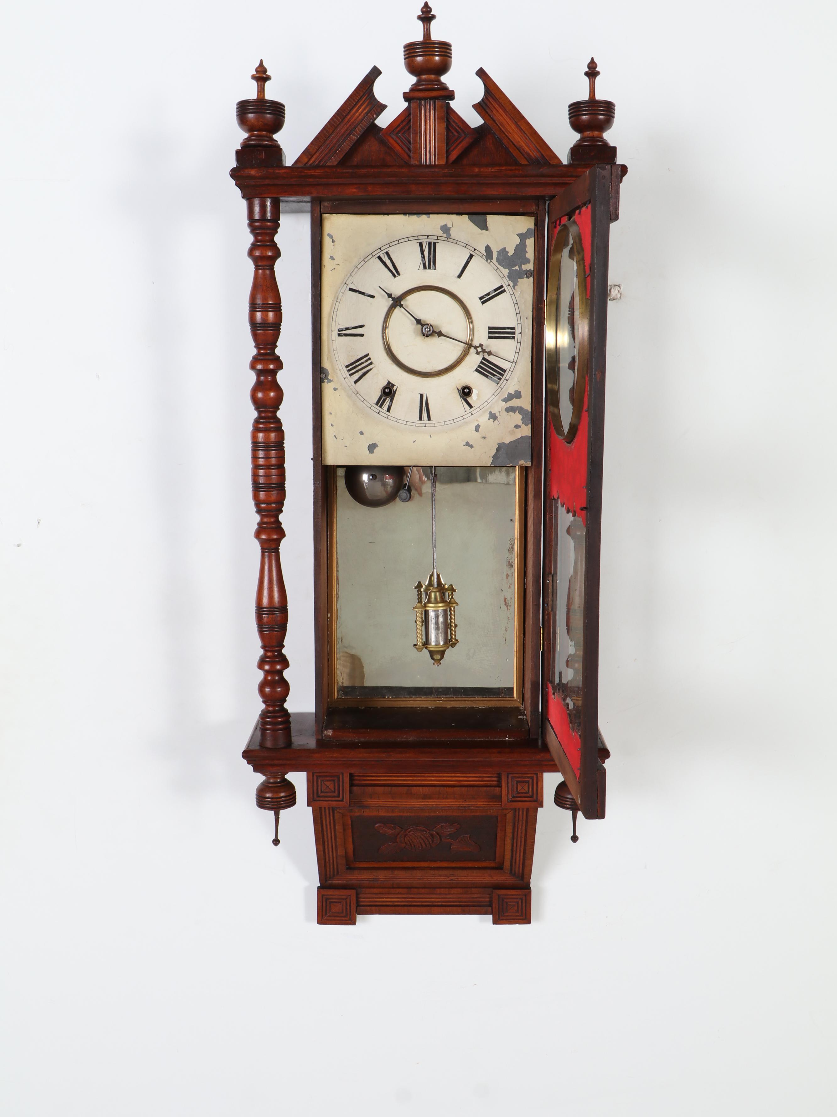 Late Victorian Turned and Carved Wooden Wall Clock, Late 19th Century