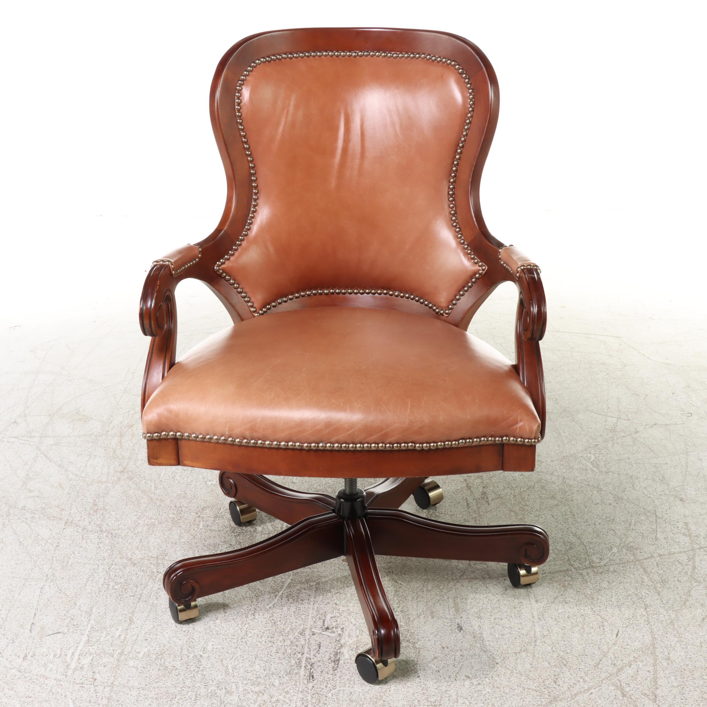 Leather-Upholstered and Brass-Tacked Wooden Swivel-Base Desk Chair
