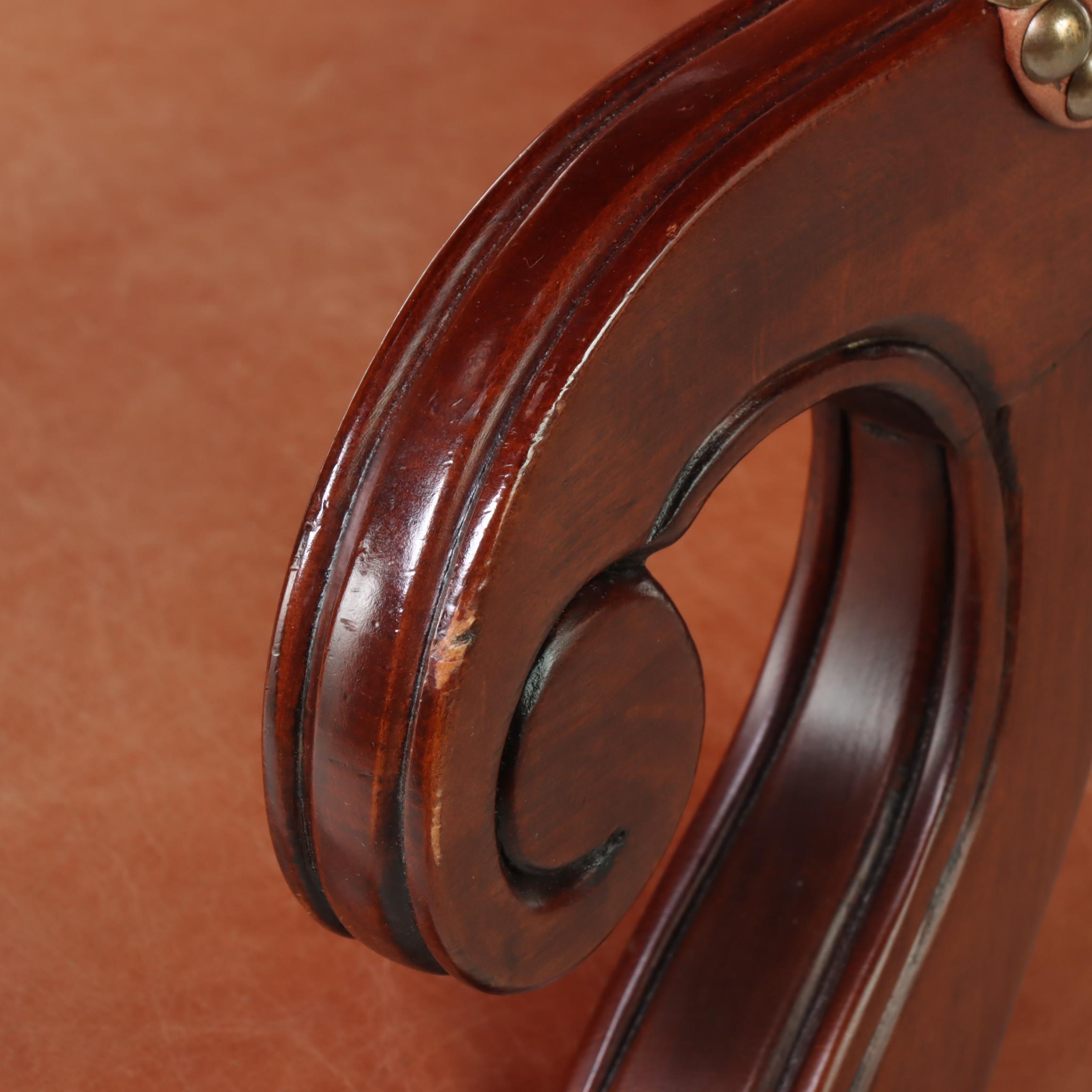 Leather-Upholstered and Brass-Tacked Wooden Swivel-Base Desk Chair