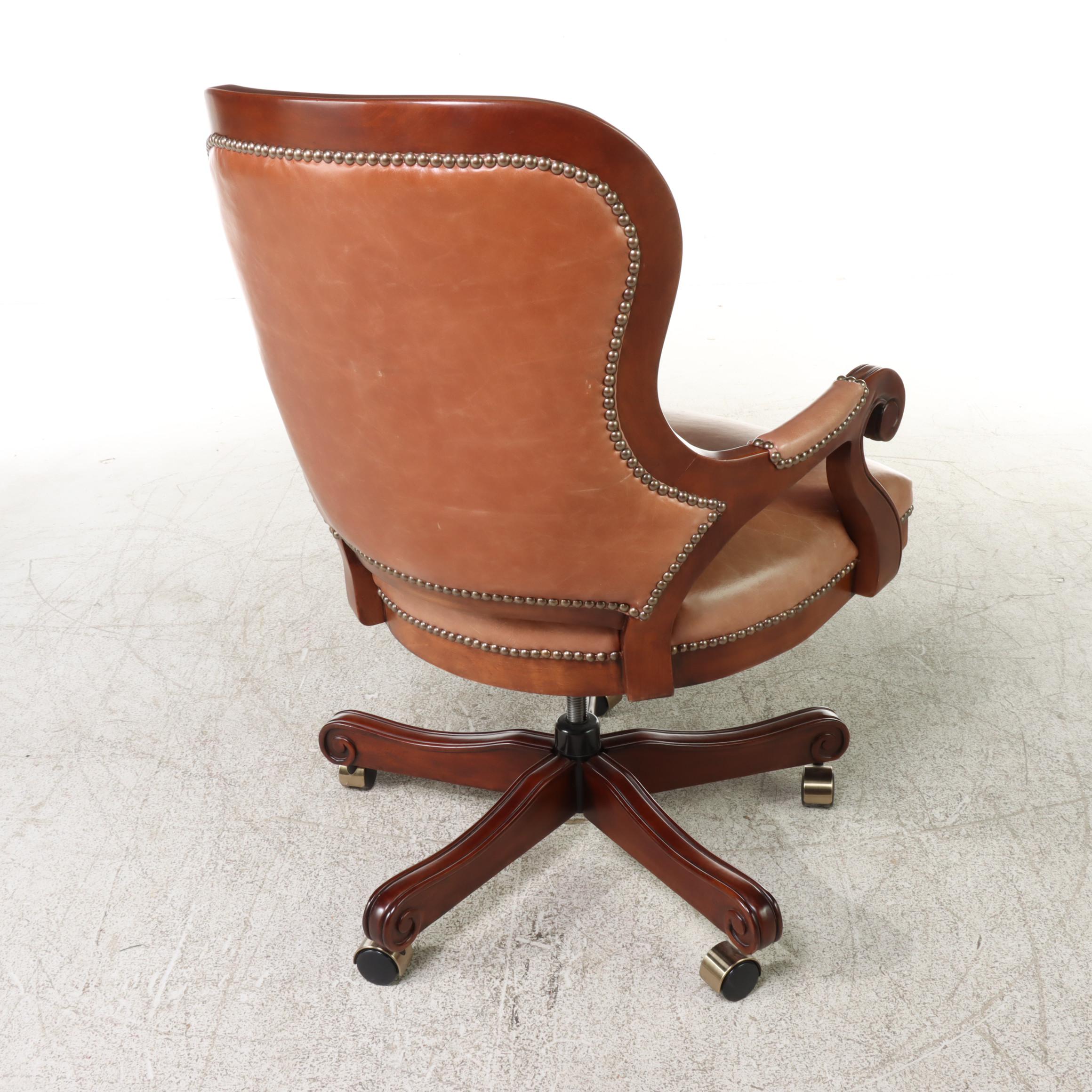 Leather-Upholstered and Brass-Tacked Wooden Swivel-Base Desk Chair