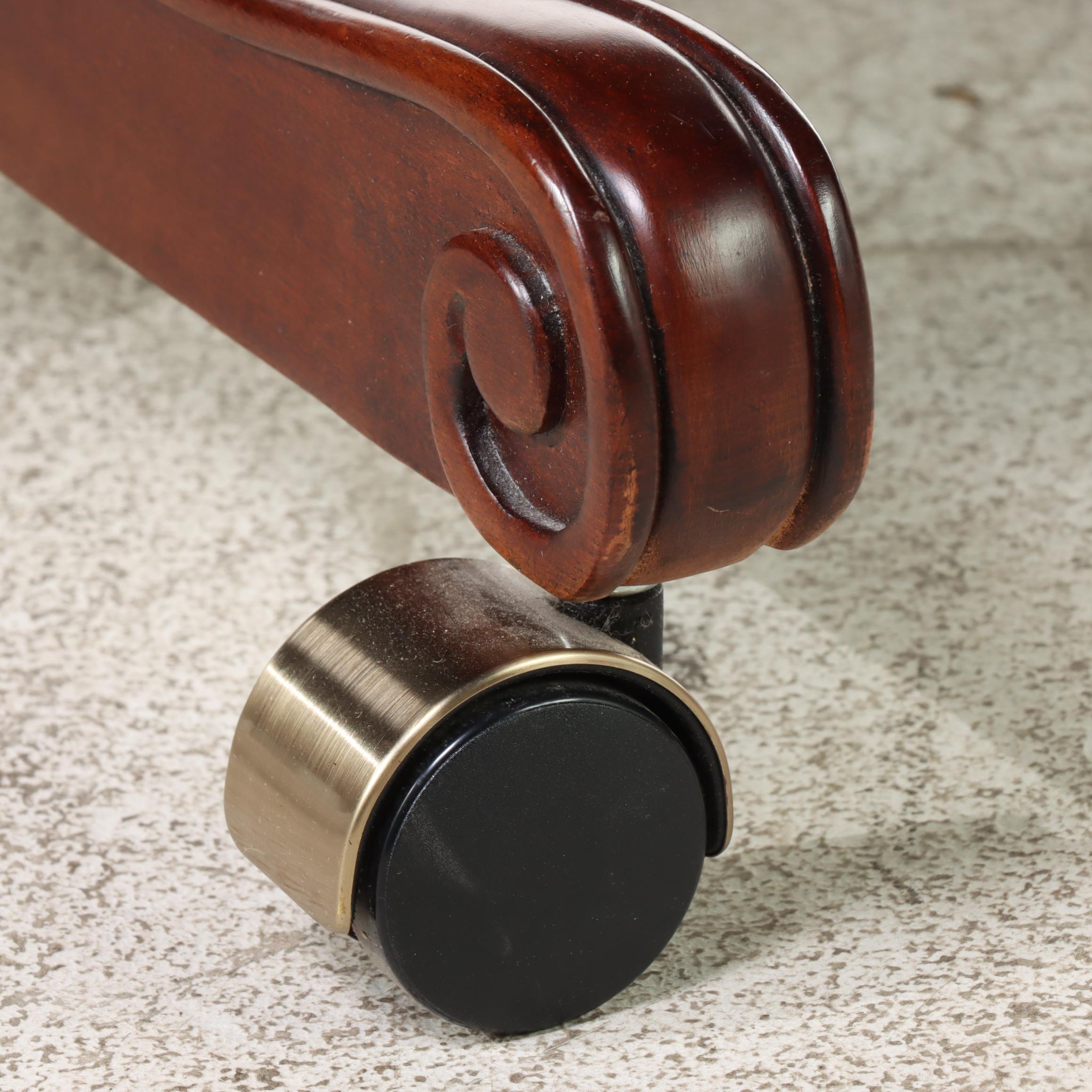 Leather-Upholstered and Brass-Tacked Wooden Swivel-Base Desk Chair