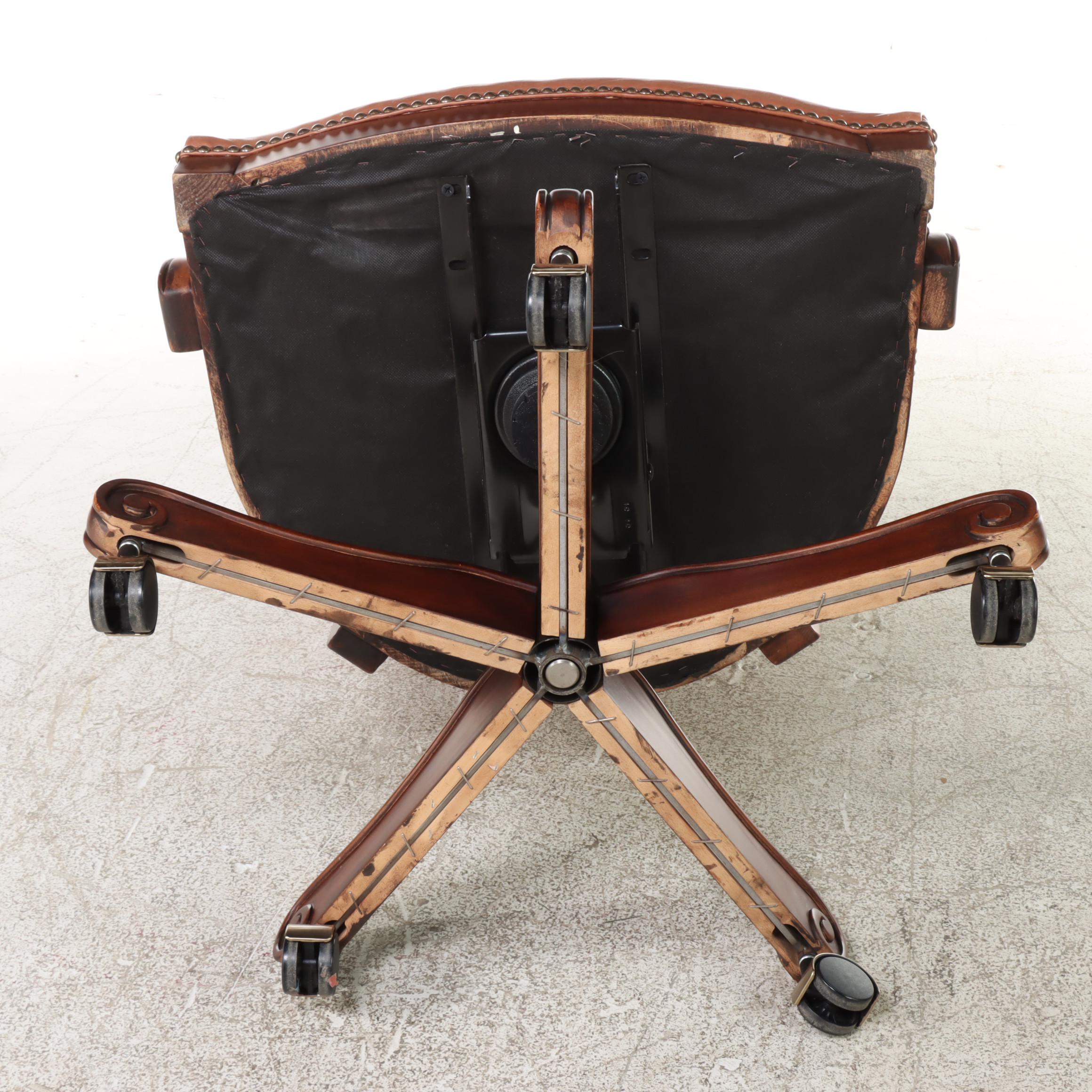 Leather-Upholstered and Brass-Tacked Wooden Swivel-Base Desk Chair