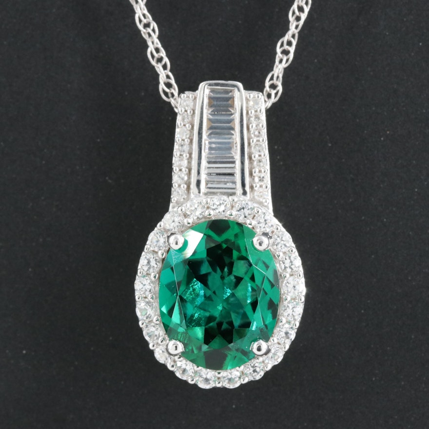 Sterling Emerald, Sapphire and Diamond Pendant Necklace