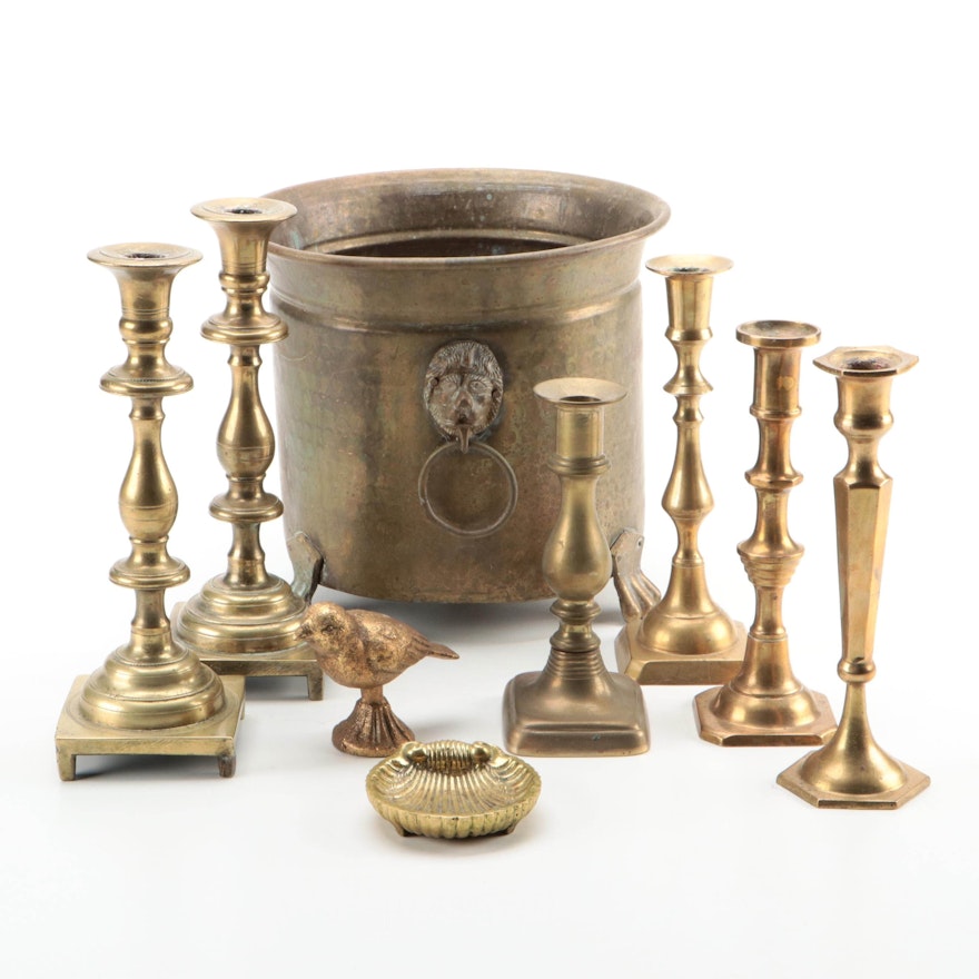 Turned Brass Candlesticks with Figurines and Lion's Head Hearth Bucket