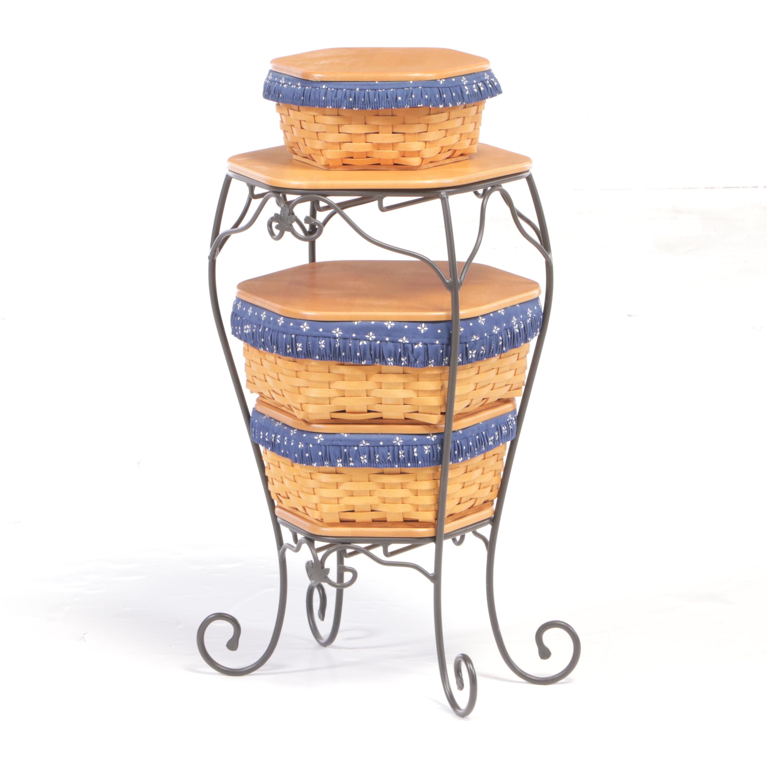 Three Longaberger Graduated Baskets Plus Wrought Iron Stand