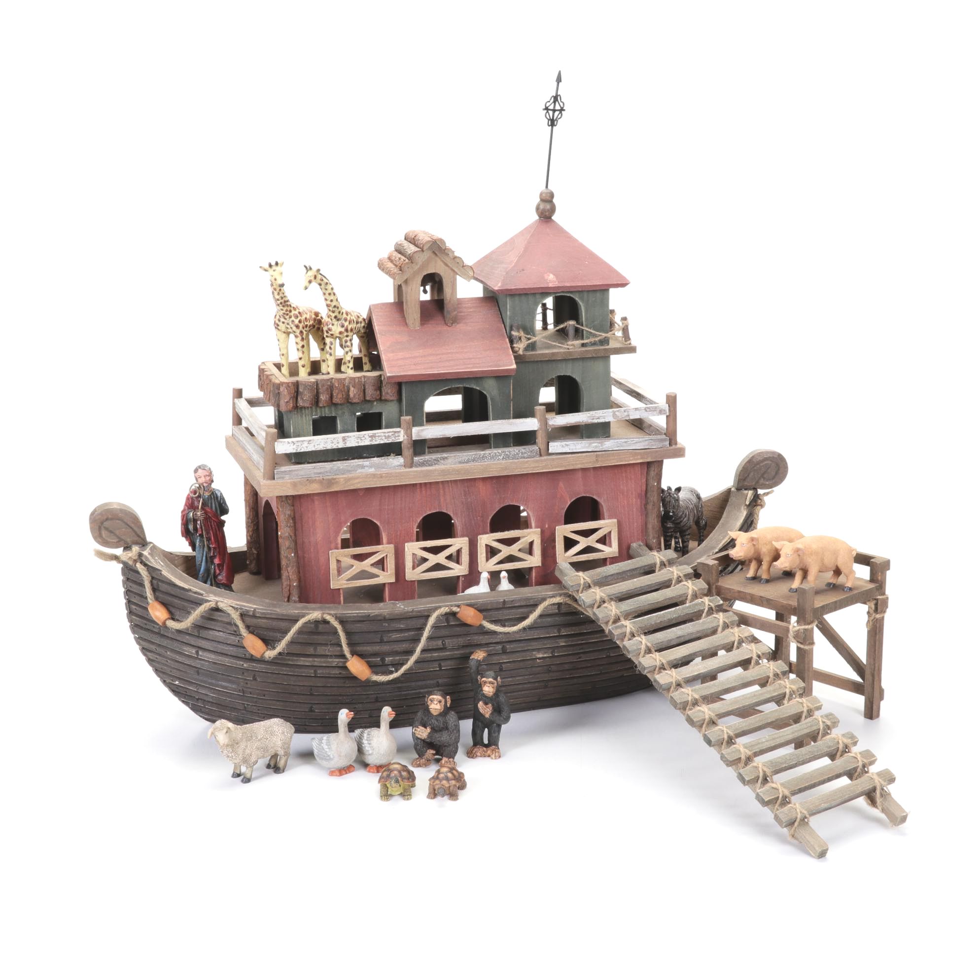 Wooden Noah's Ark with Resin Animals and Figurines