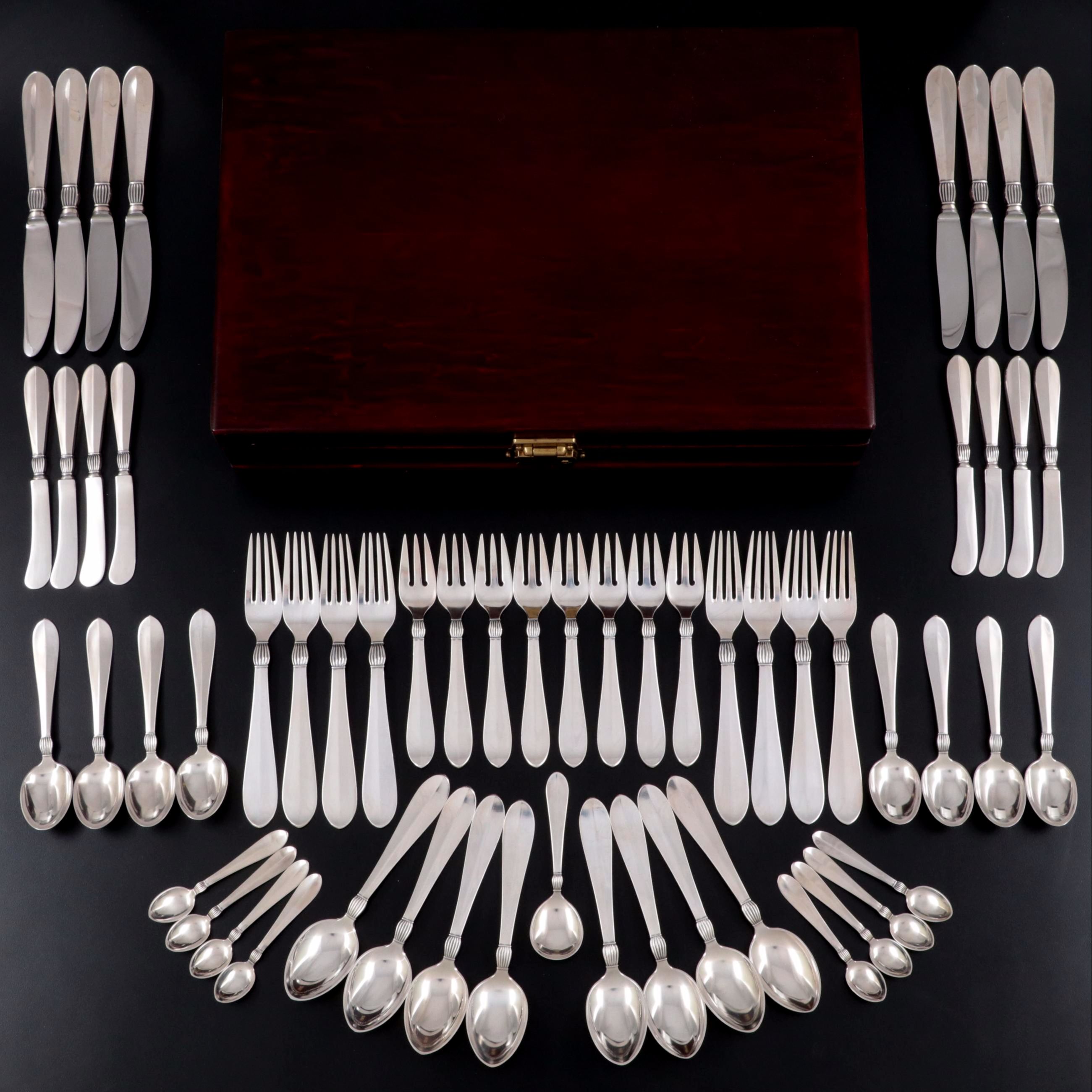 Jens Andersen "Baronesse" Sterling Silver Flatware in Storage Case, Mid-20th C.