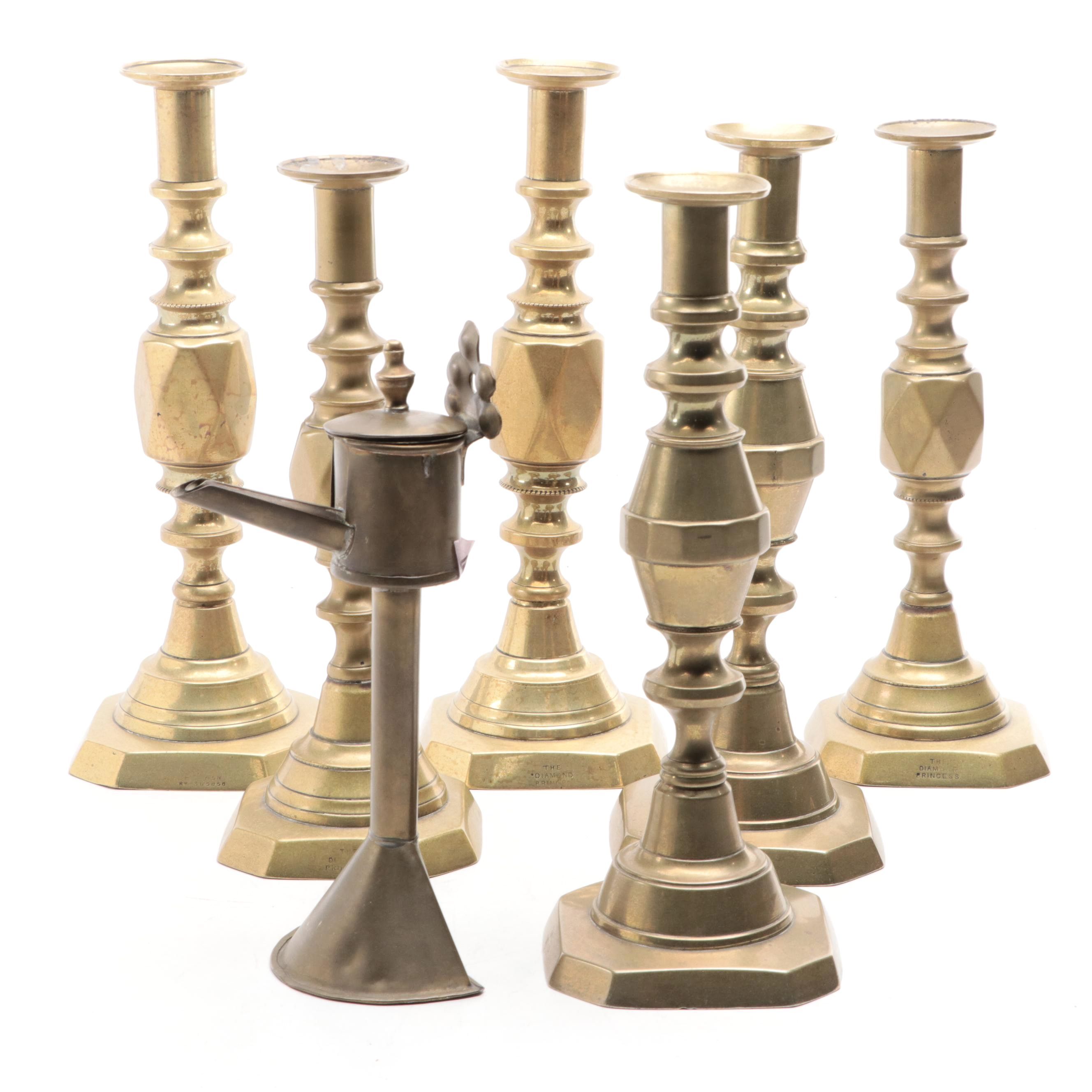 James Clews and Sons "Diamond Prince" and Other Brass Candlesticks and Oil Lamp