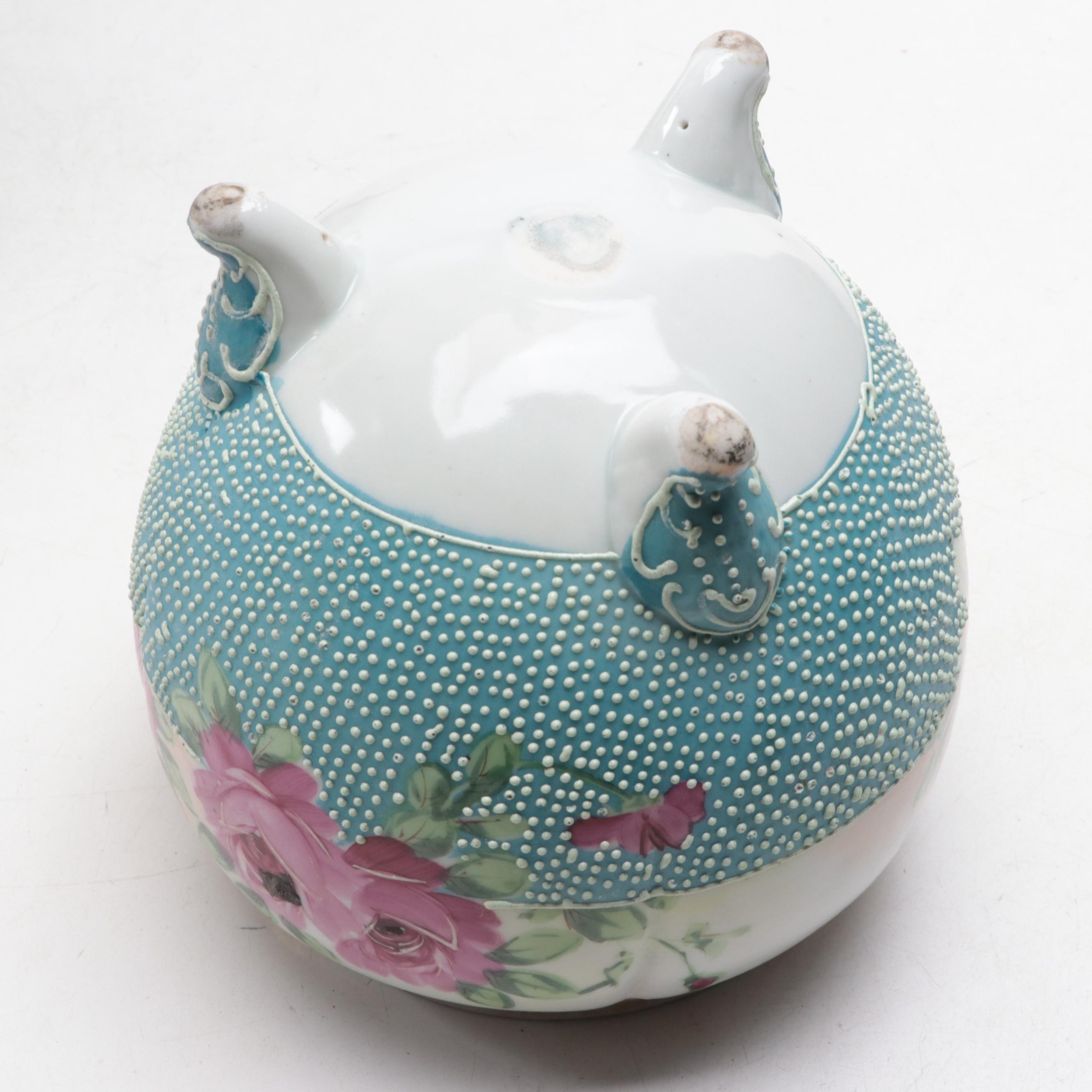 Victorian Moriage Accented Jar with Silver Plate Sugar Bowl and Other Tableware