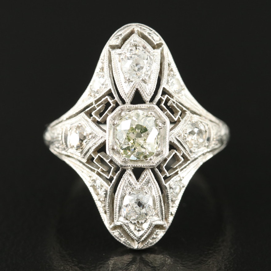 Art Deco Platinum 1.28 CTW Diamond Openwork Navette Ring with Milgrain Detail