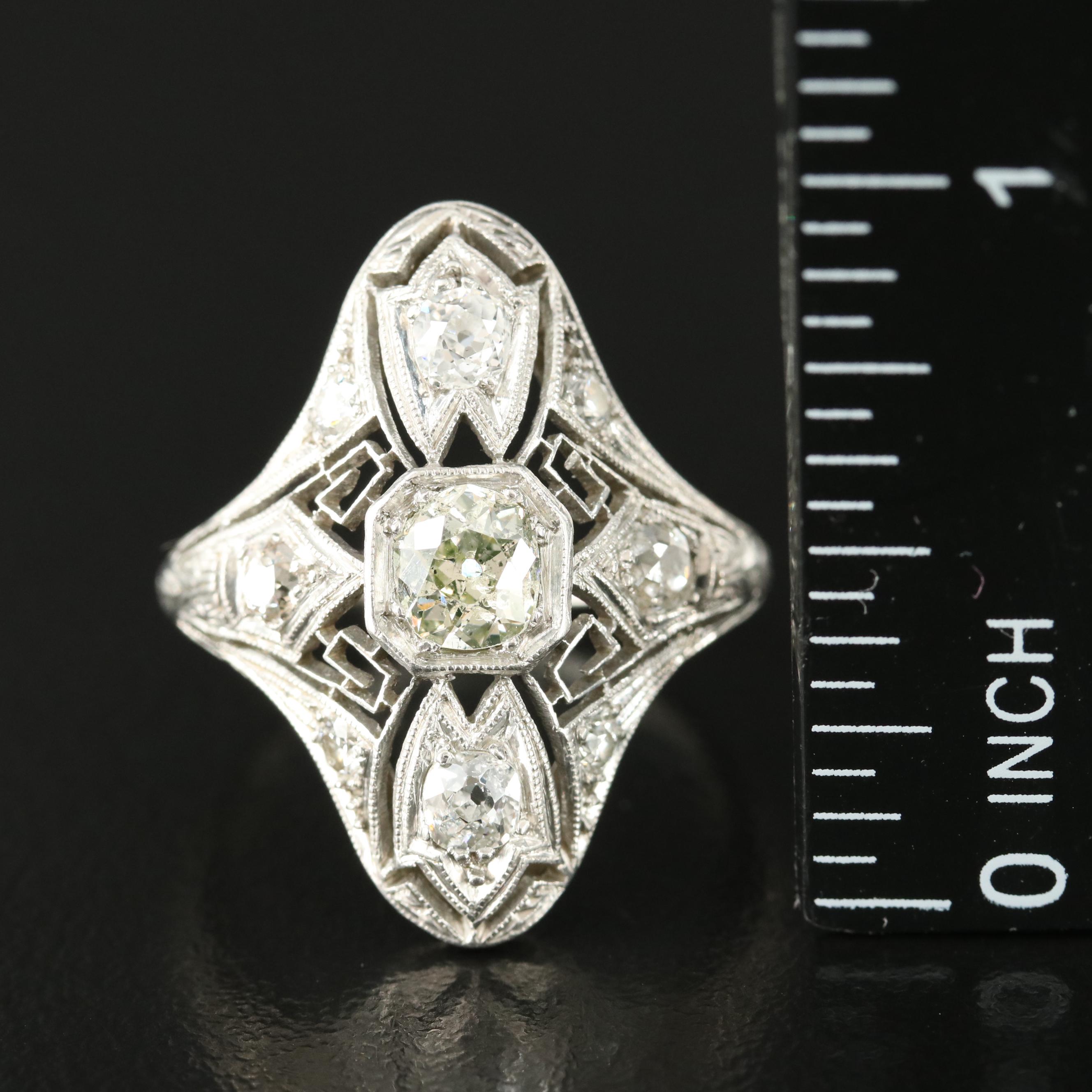 Art Deco Platinum 1.28 CTW Diamond Openwork Navette Ring with Milgrain Detail