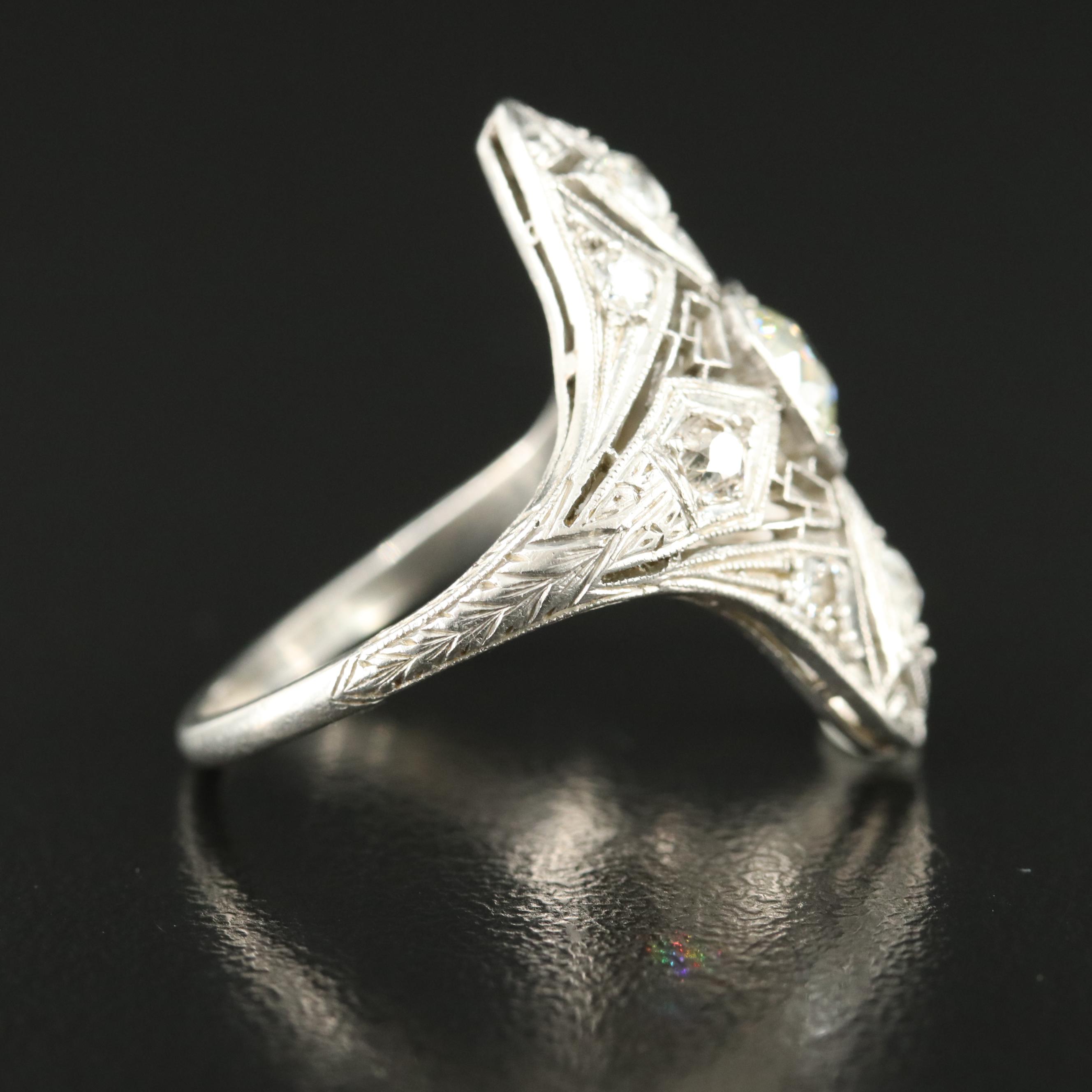 Art Deco Platinum 1.28 CTW Diamond Openwork Navette Ring with Milgrain Detail