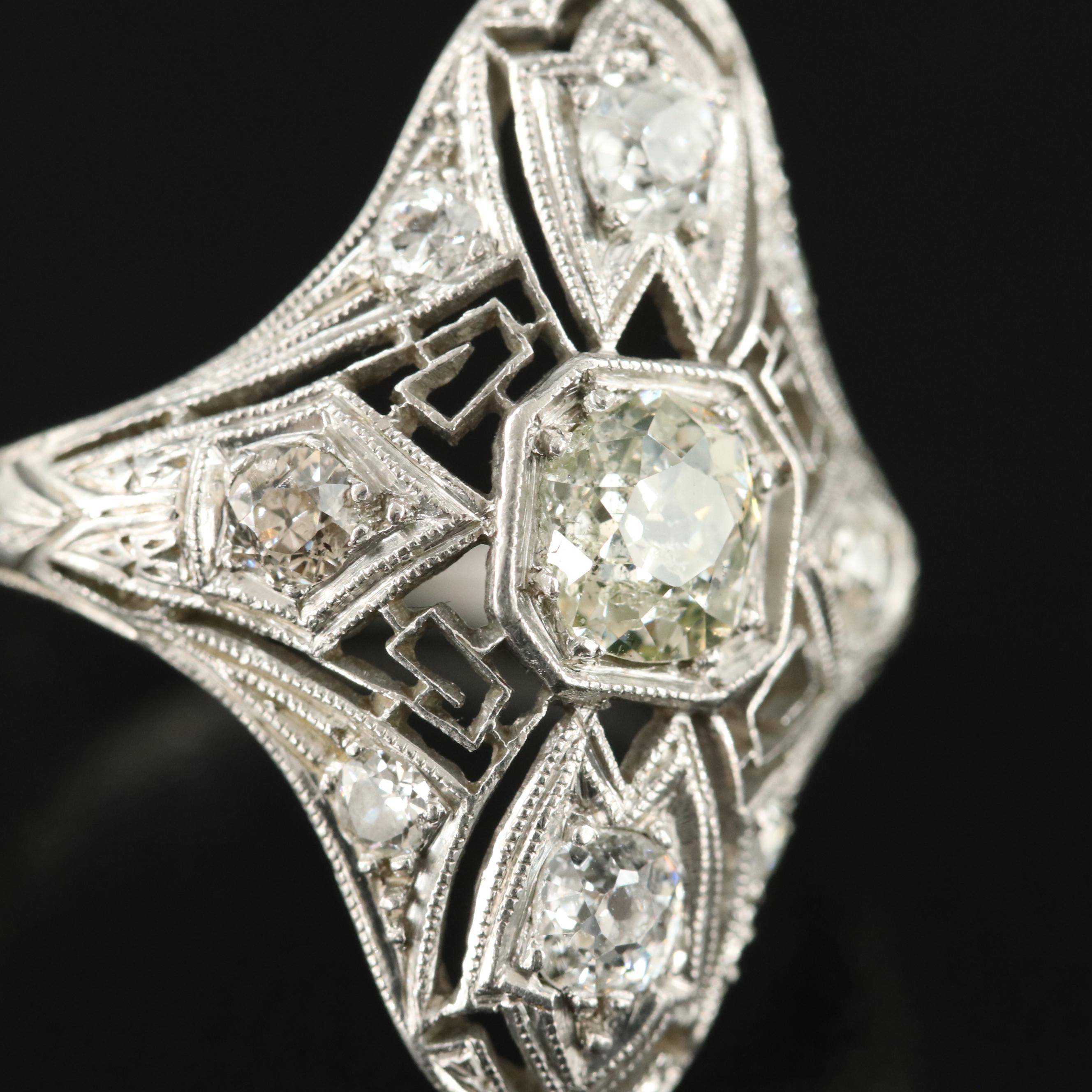 Art Deco Platinum 1.28 CTW Diamond Openwork Navette Ring with Milgrain Detail