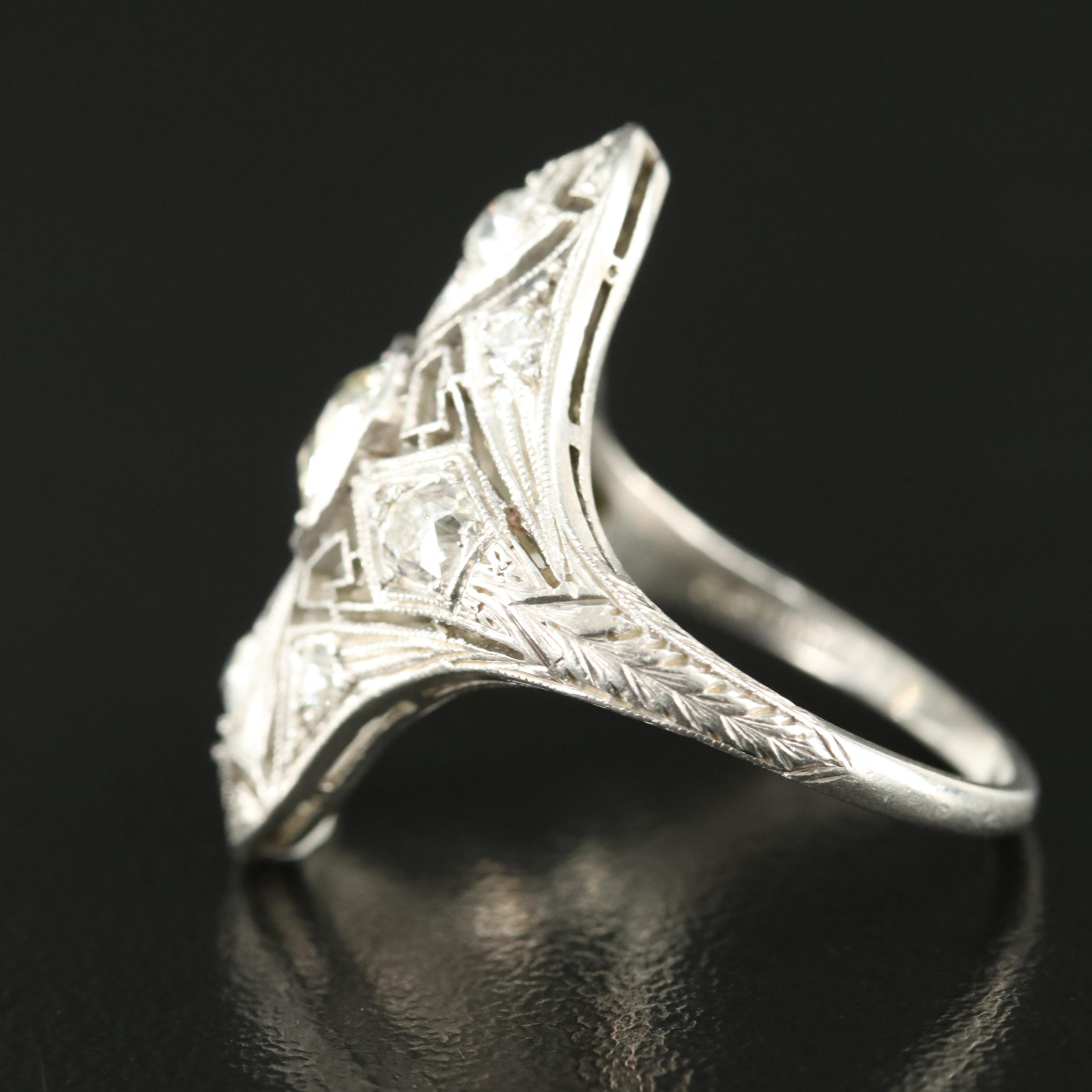 Art Deco Platinum 1.28 CTW Diamond Openwork Navette Ring with Milgrain Detail