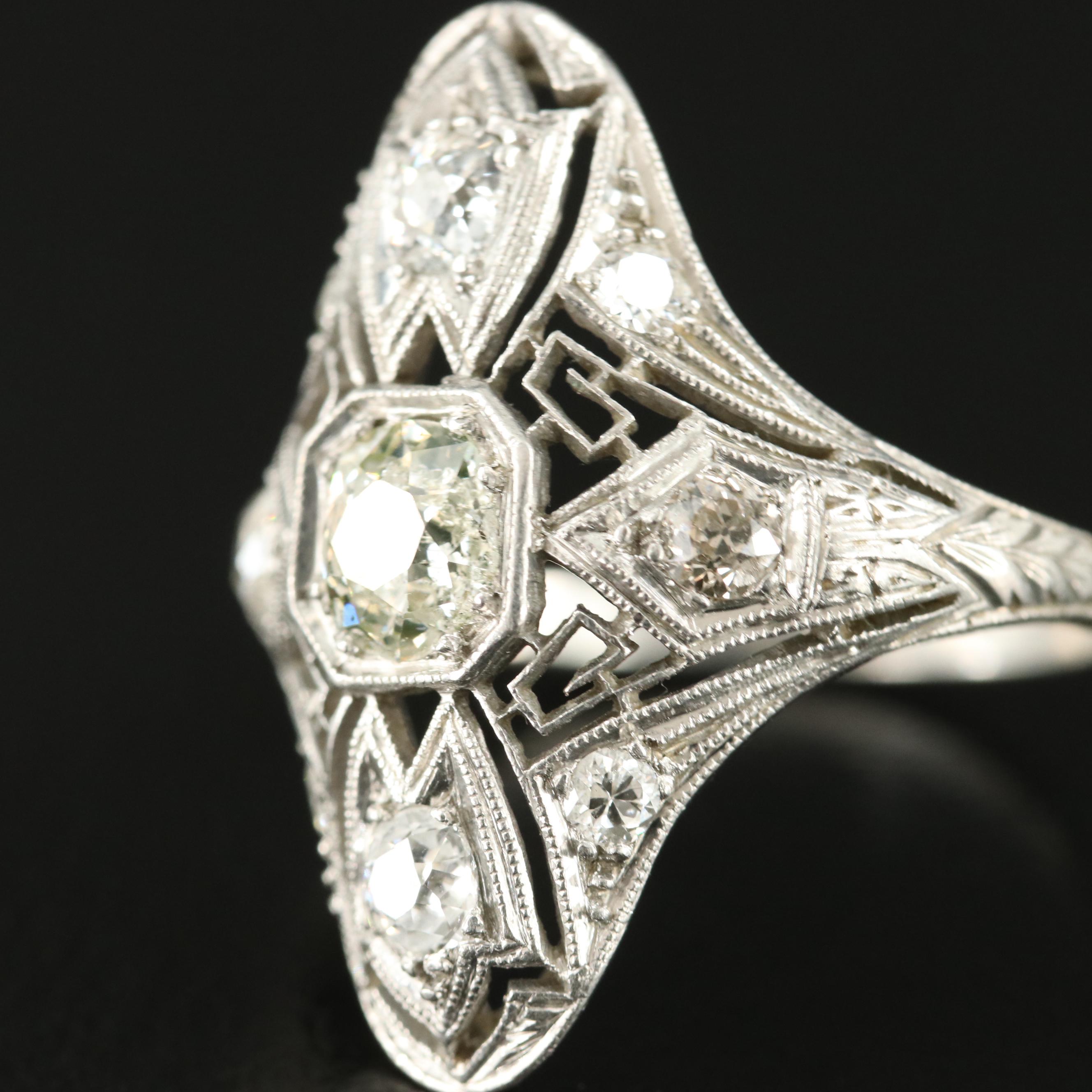 Art Deco Platinum 1.28 CTW Diamond Openwork Navette Ring with Milgrain Detail