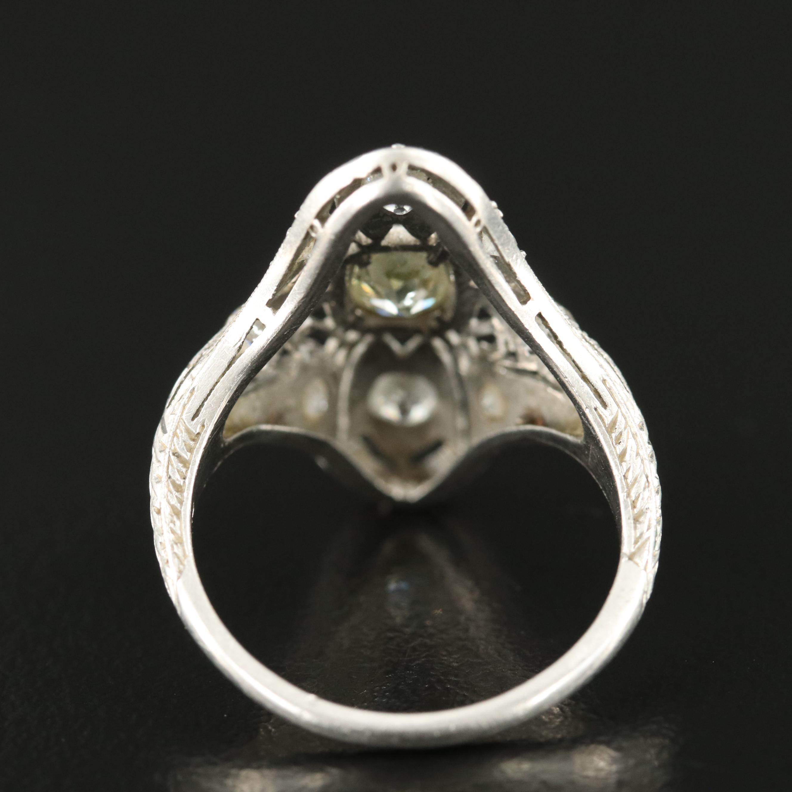 Art Deco Platinum 1.28 CTW Diamond Openwork Navette Ring with Milgrain Detail