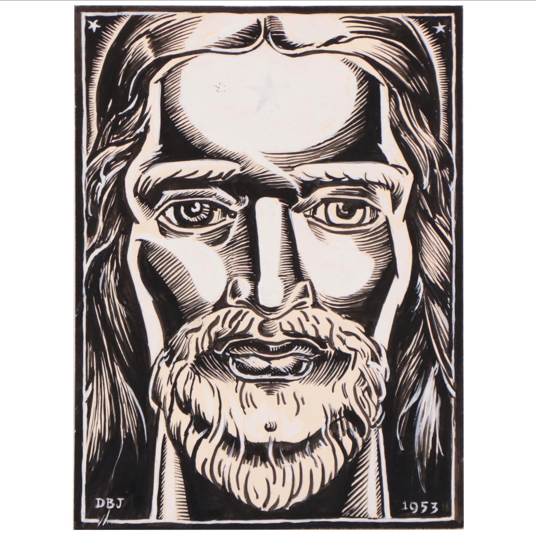 Dan Burne Jones Pen and Ink Bookplate Drawing of Christ, 1953