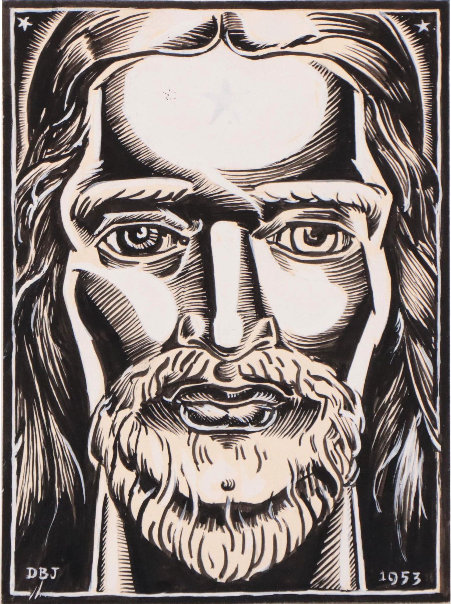 Dan Burne Jones Pen and Ink Bookplate Drawing of Christ, 1953