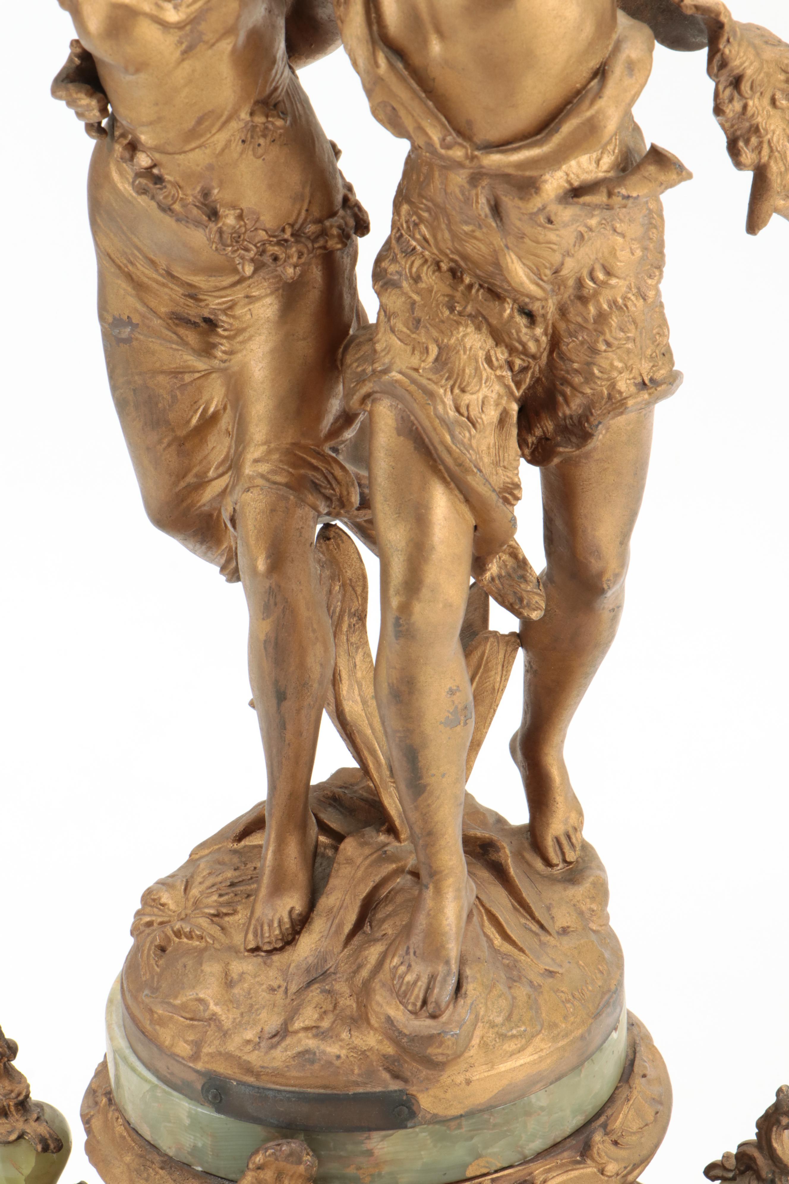 French Green Onyx and Ormolu Mounted Mantel Clock after Bruchon "The Storm"