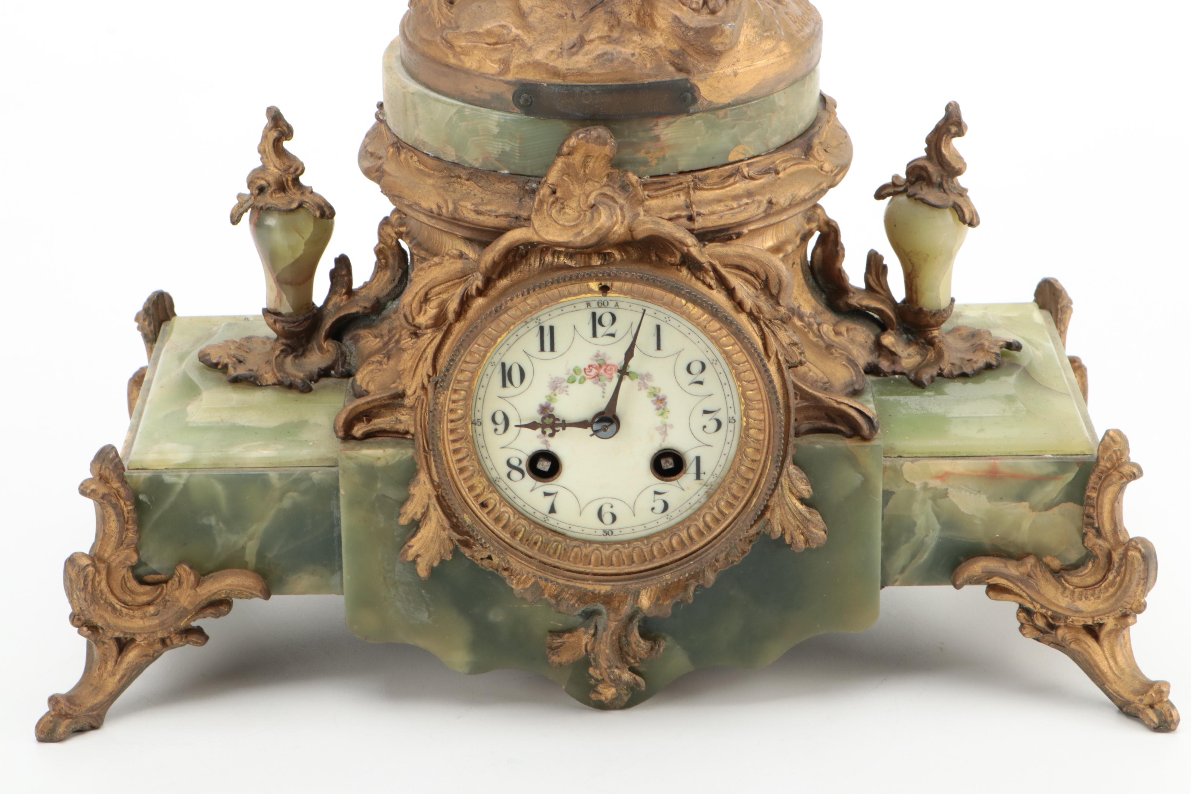 French Green Onyx and Ormolu Mounted Mantel Clock after Bruchon "The Storm"