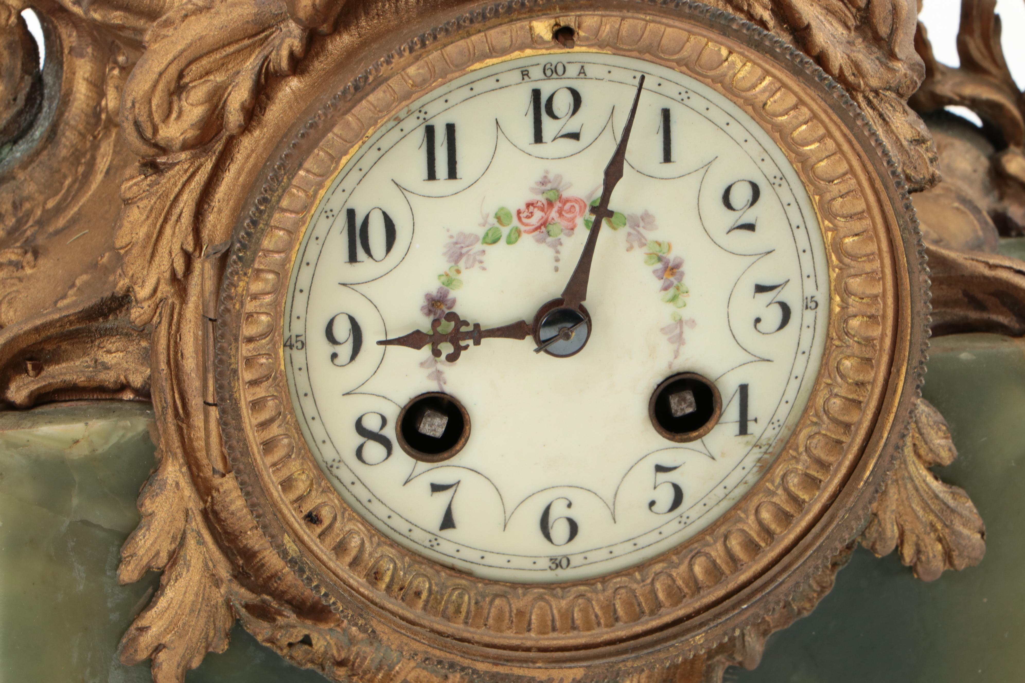 French Green Onyx and Ormolu Mounted Mantel Clock after Bruchon "The Storm"