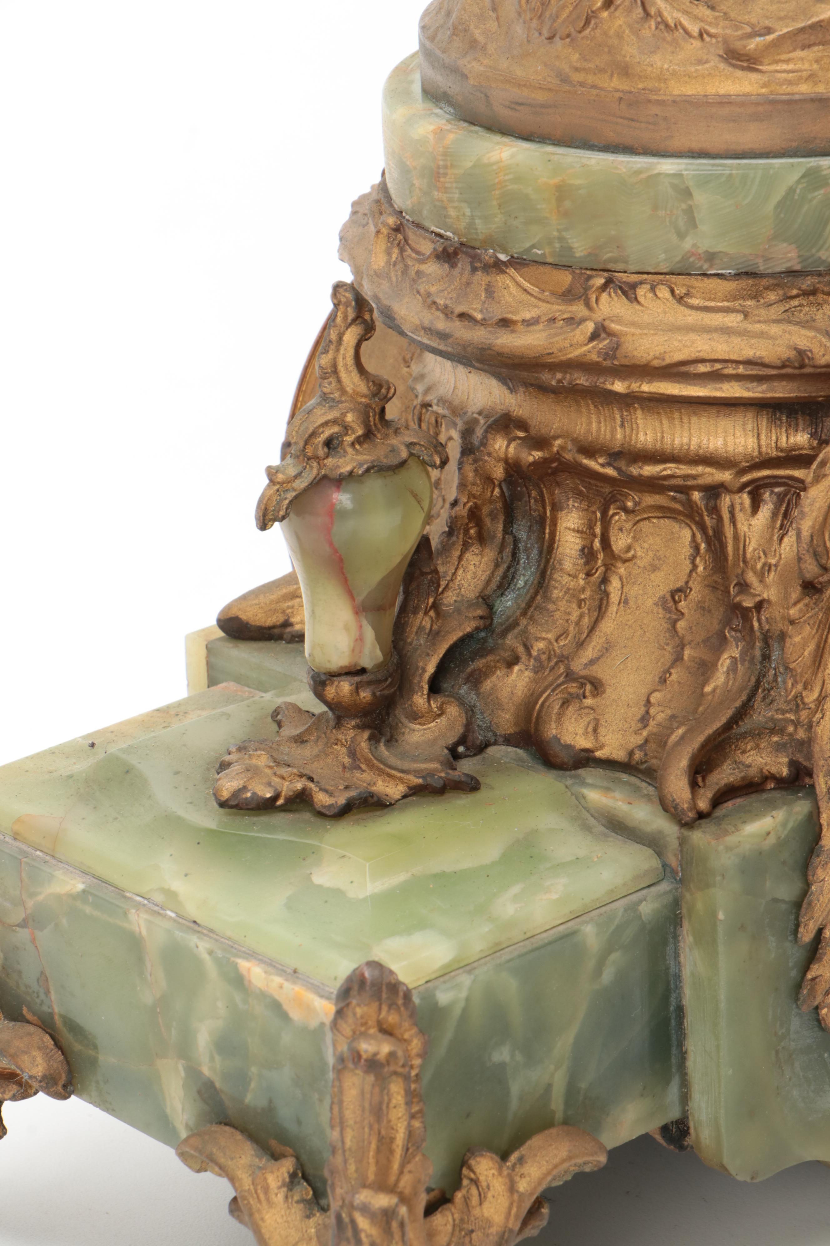 French Green Onyx and Ormolu Mounted Mantel Clock after Bruchon "The Storm"