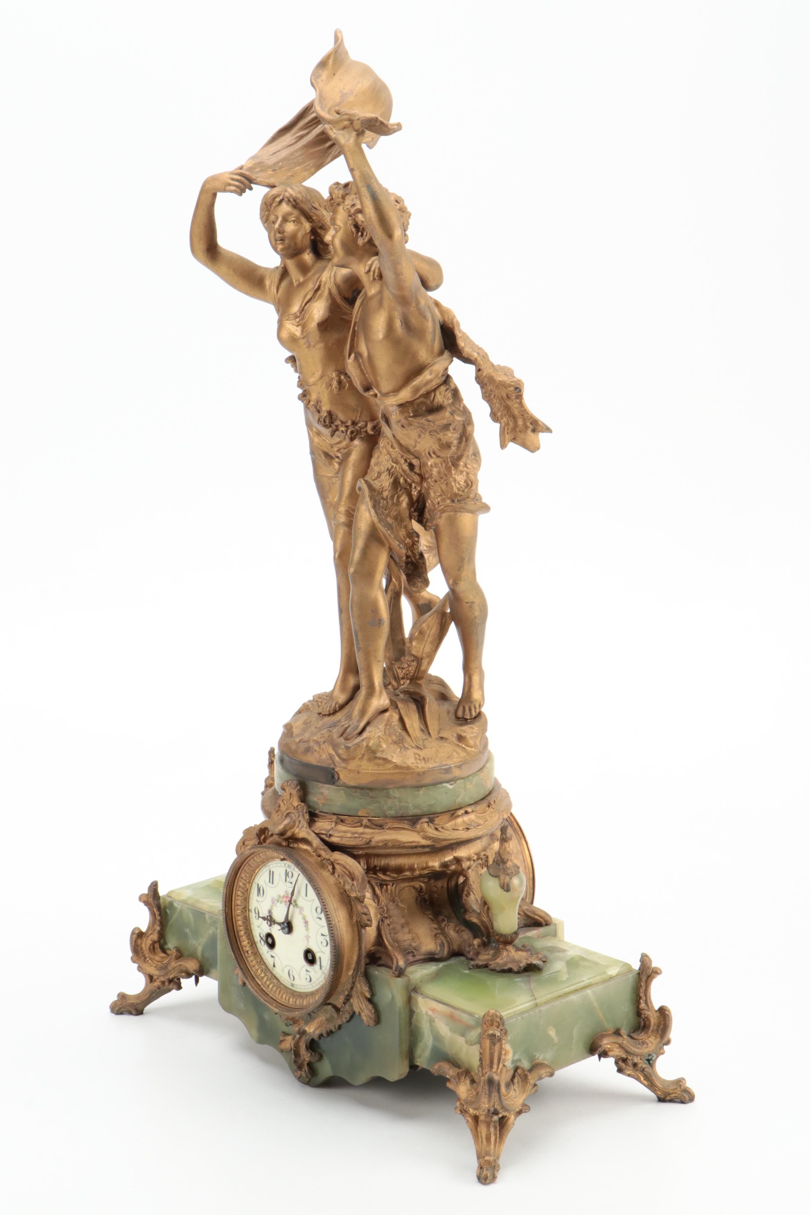 French Green Onyx and Ormolu Mounted Mantel Clock after Bruchon "The Storm"
