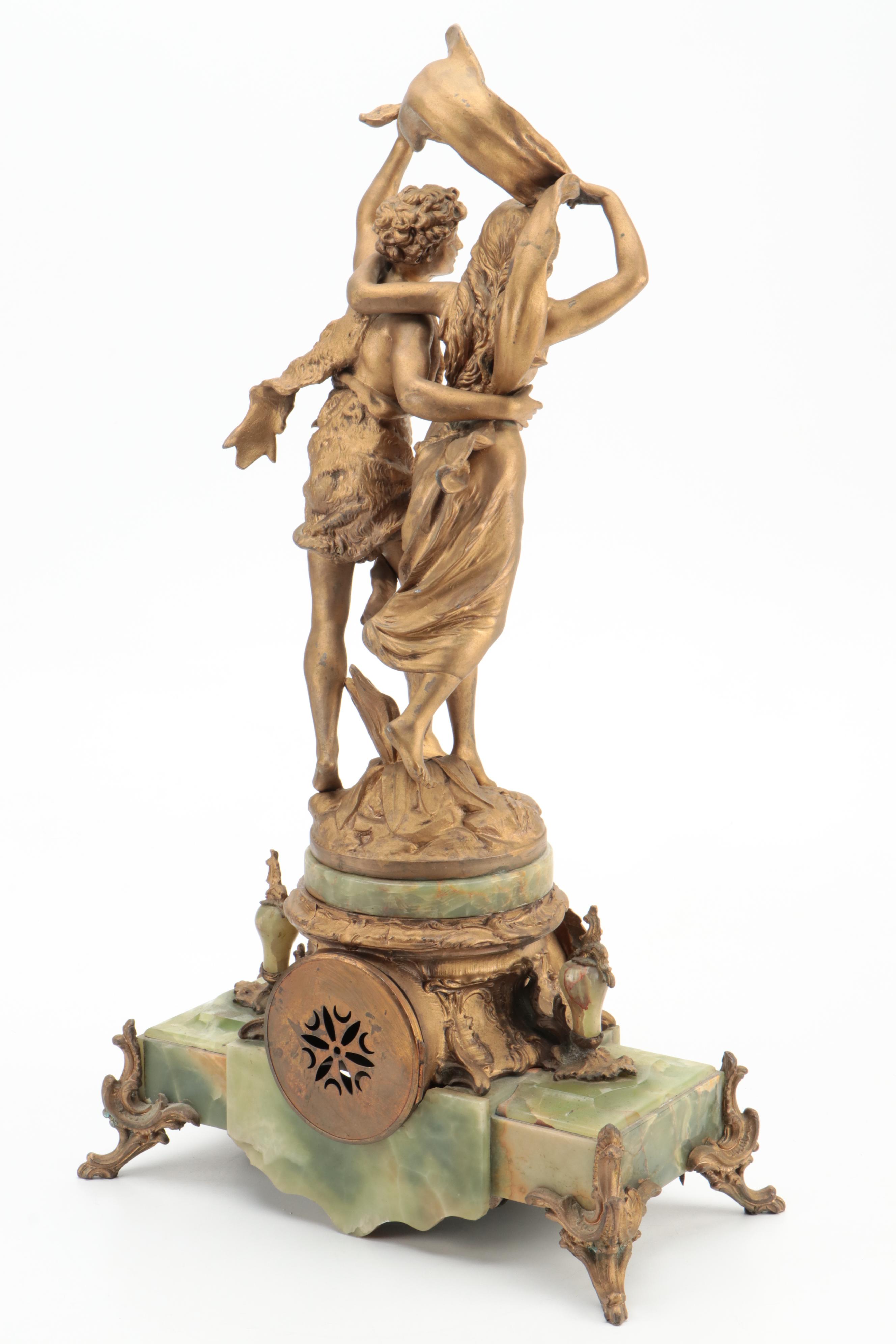 French Green Onyx and Ormolu Mounted Mantel Clock after Bruchon "The Storm"