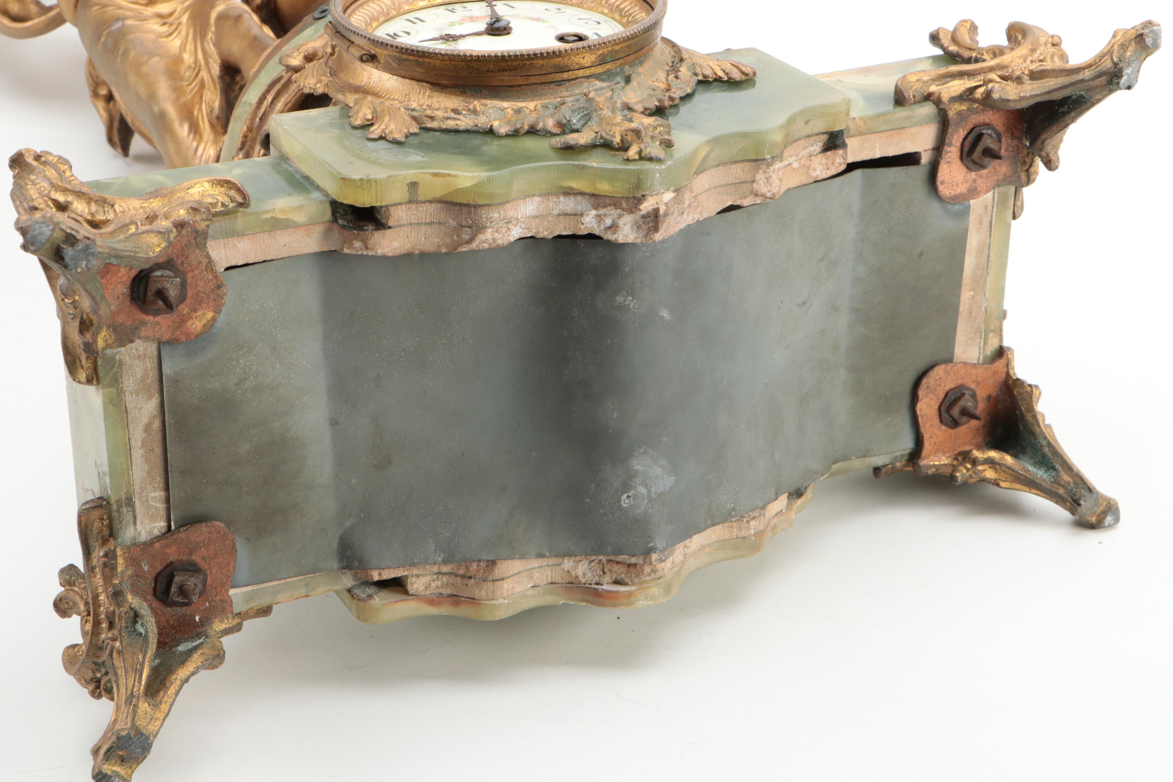 French Green Onyx and Ormolu Mounted Mantel Clock after Bruchon "The Storm"