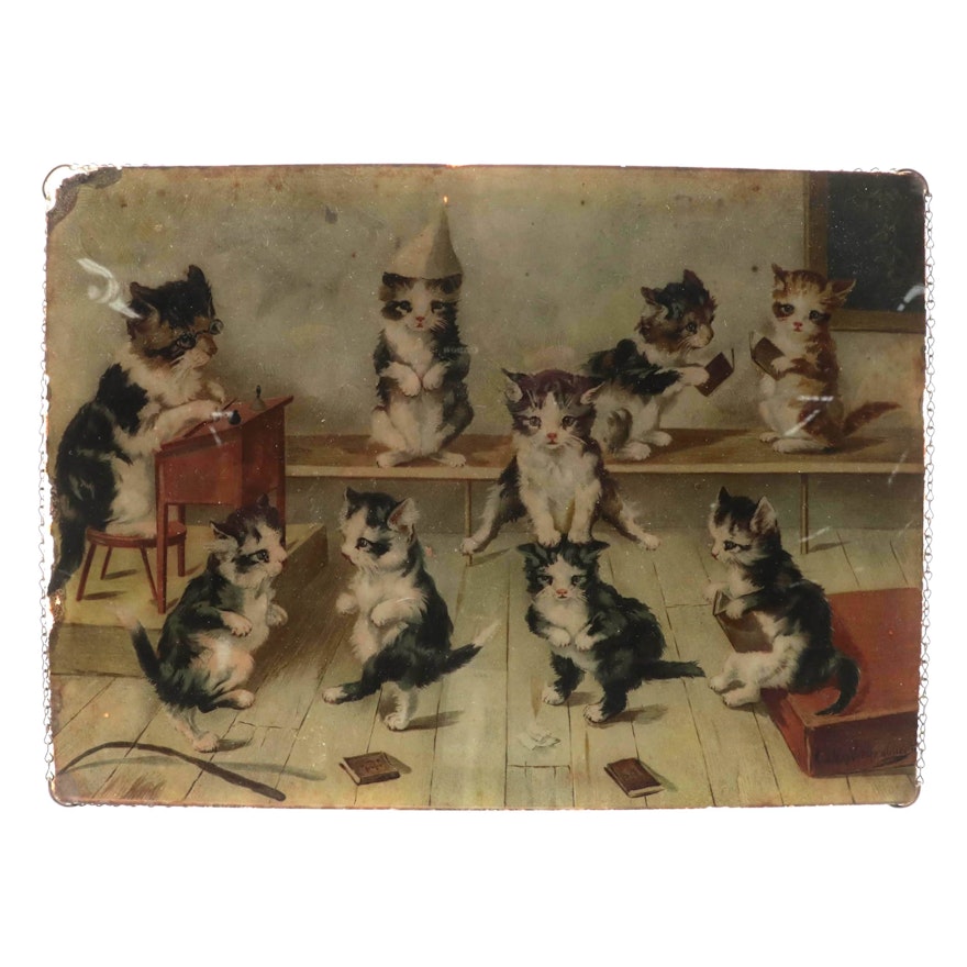 Cat Themed Chromolithograph Mounted to Glass, Late 19th/Early 20th Century