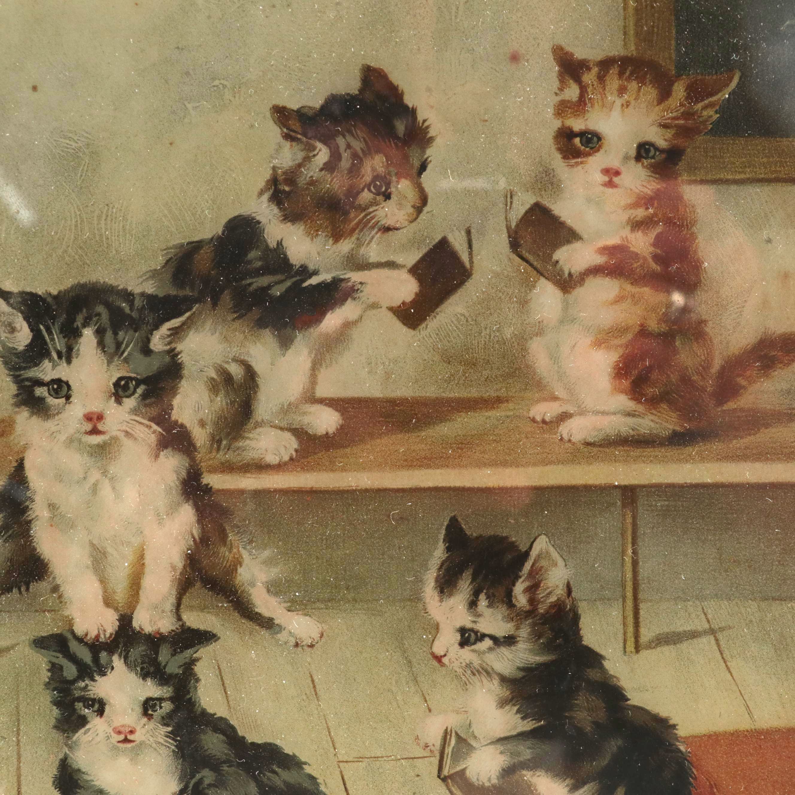 Cat Themed Chromolithograph Mounted to Glass, Late 19th/Early 20th Century