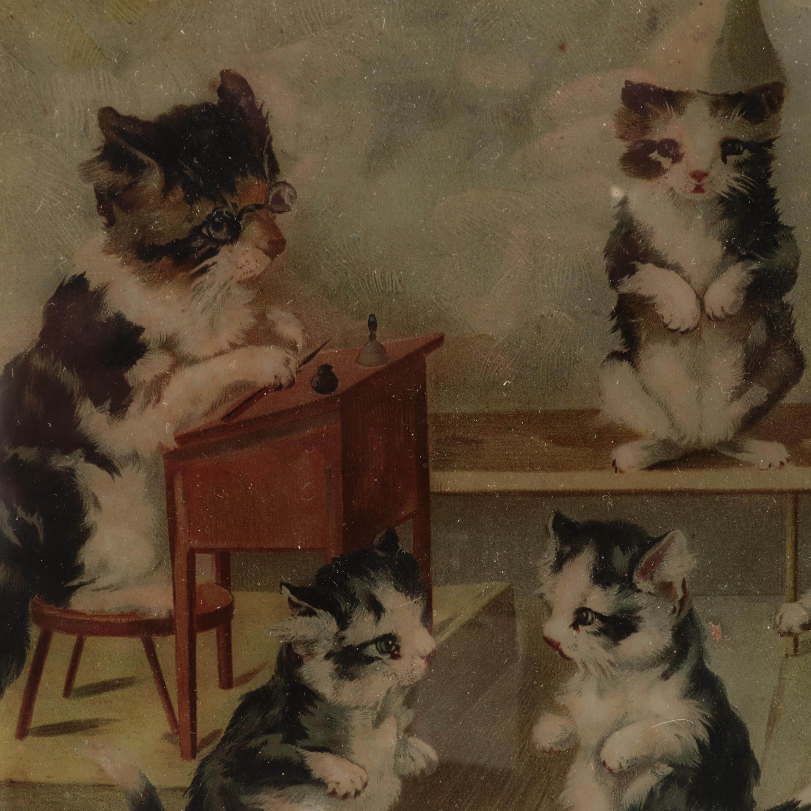 Cat Themed Chromolithograph Mounted to Glass, Late 19th/Early 20th Century