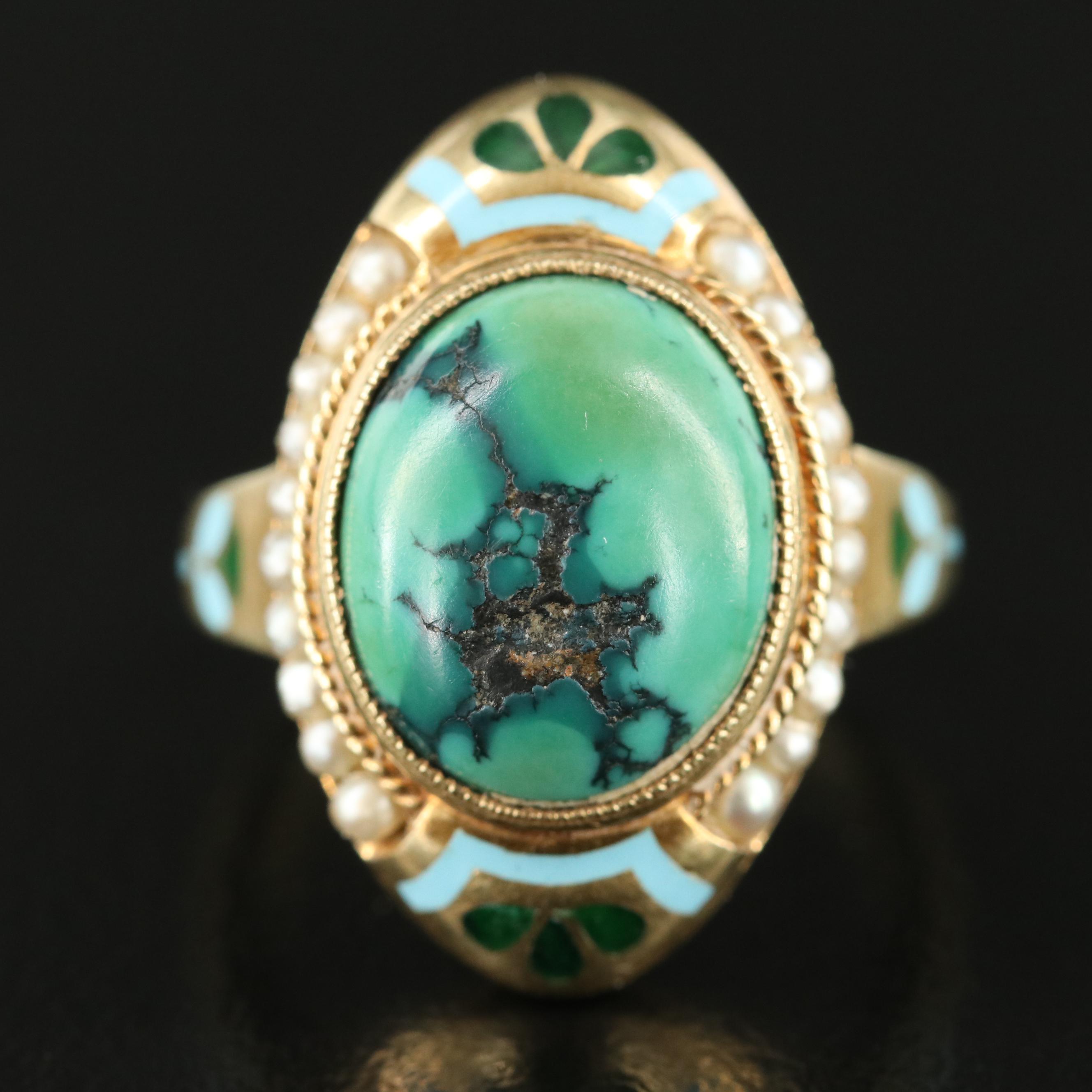Egyptian Revival 14K Turquoise, Seed Pearl and Enamel Ring