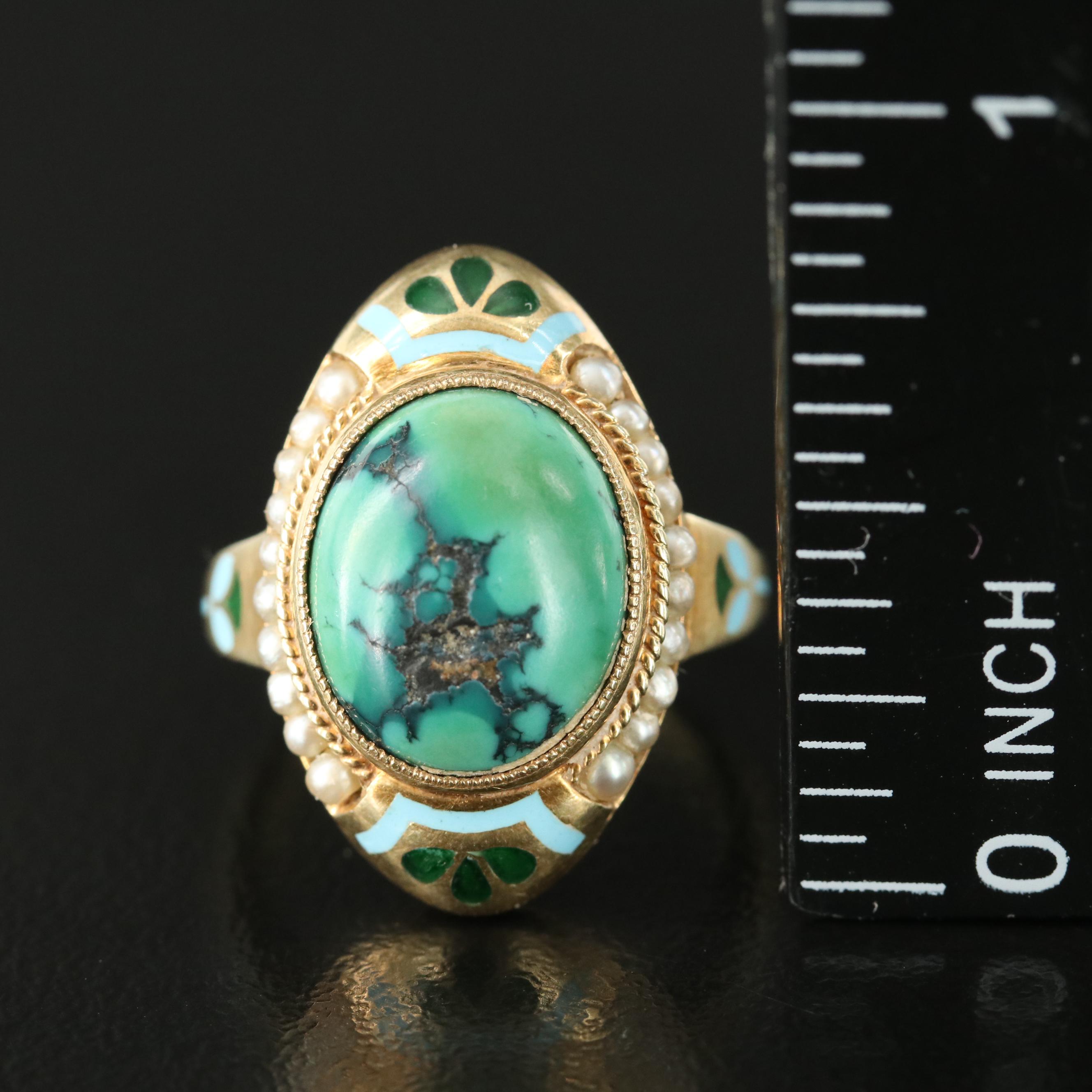 Egyptian Revival 14K Turquoise, Seed Pearl and Enamel Ring